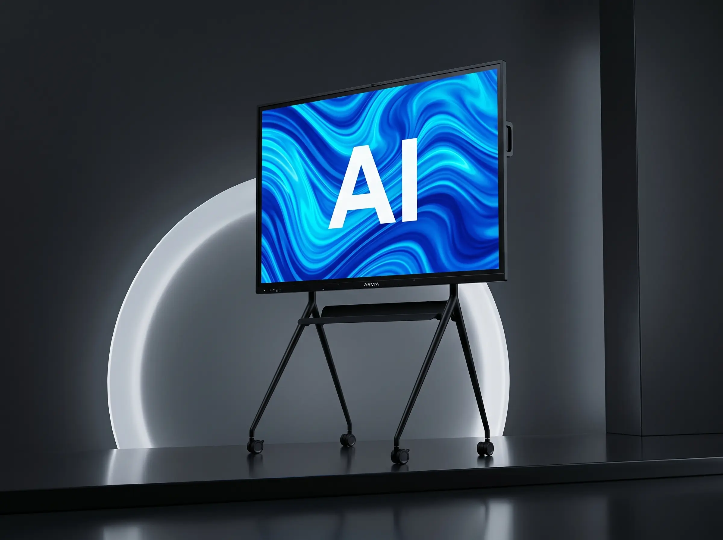 Arvia ARV600 AI Smartboard 75-inch premium interactive display with portable wheeled stand showcasing dynamic AI visual content for modern Malaysian classrooms, boardrooms, and government meeting spaces