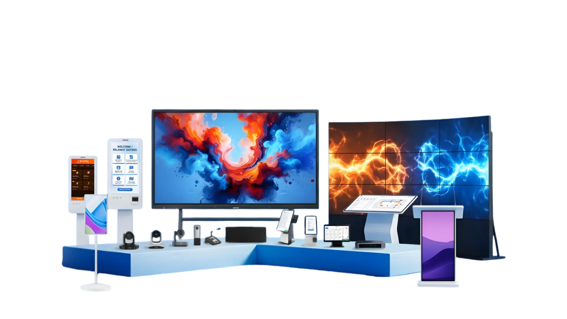 Arvia Smart AV and AI Solutions 3D showcase featuring AI smartboard, LED video wall, interactive kiosks, and smart meeting room technology for Malaysian workspaces