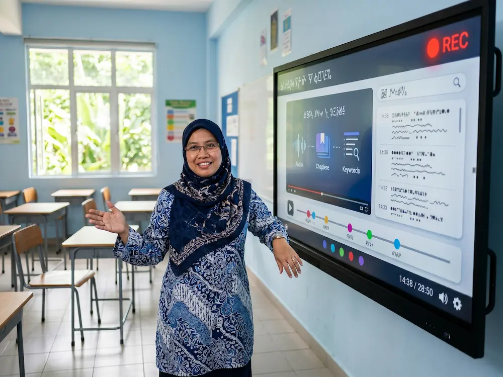 AI smartboard features 2026 showing lesson recording and AI indexing capabilities in Malaysian classroom
