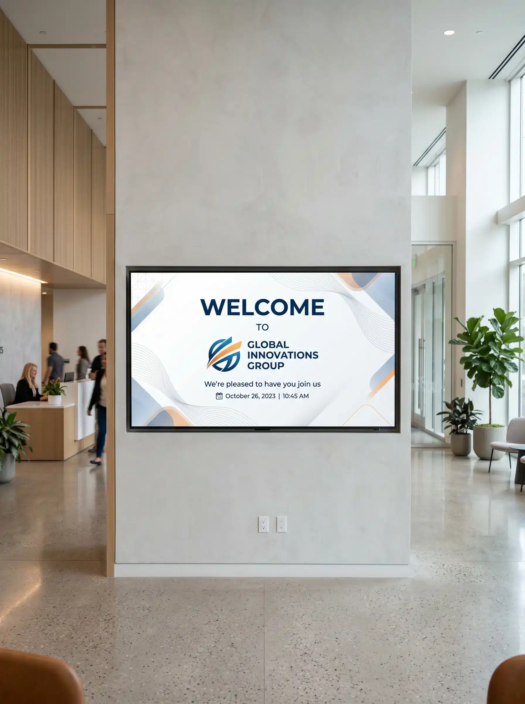 Arvia digital signage in modern Malaysian corporate office lobby showing welcome content and KPI dashboard