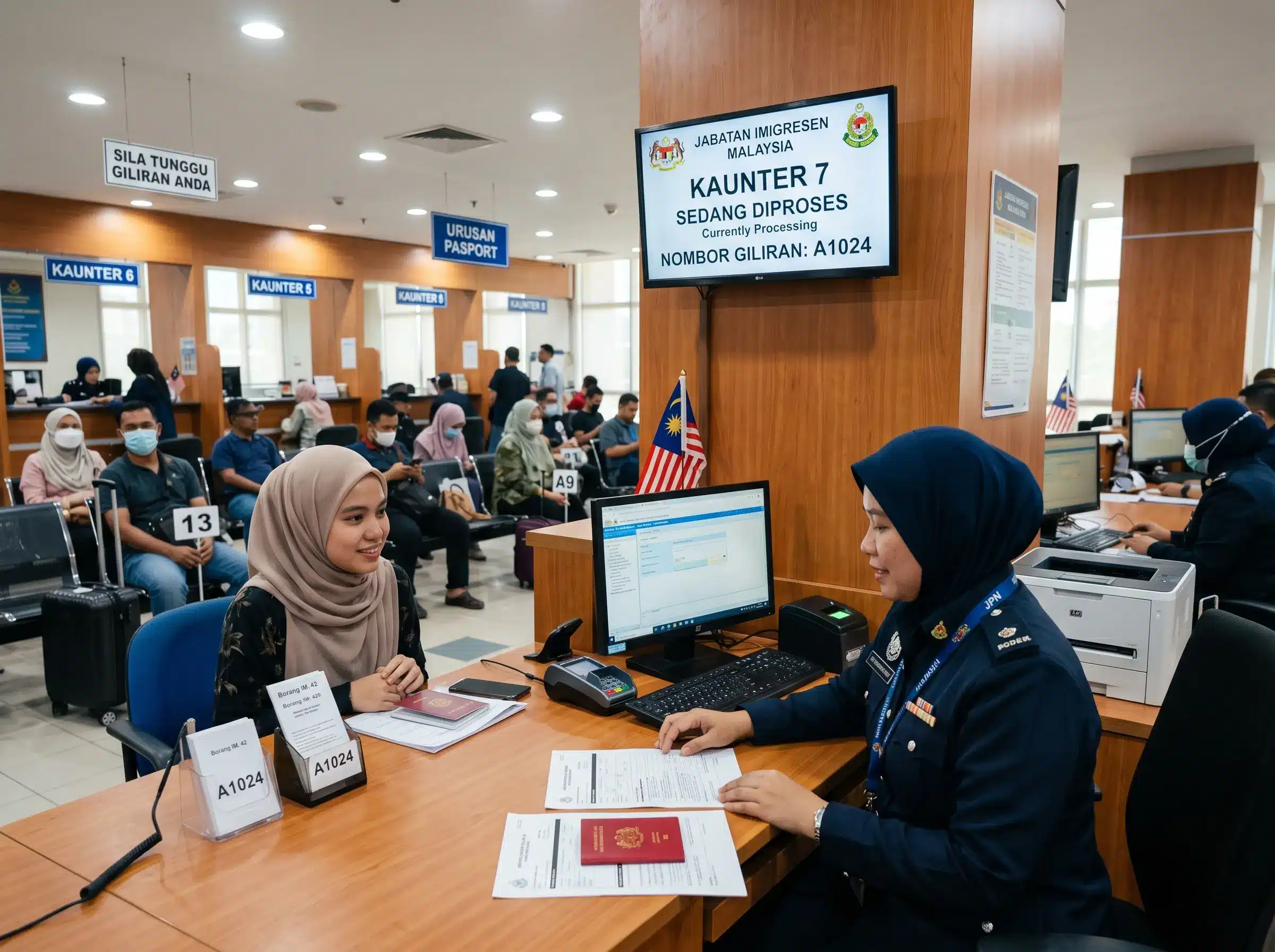 Arvia digital signage in Malaysian government service counter showing queue numbers and citizen information