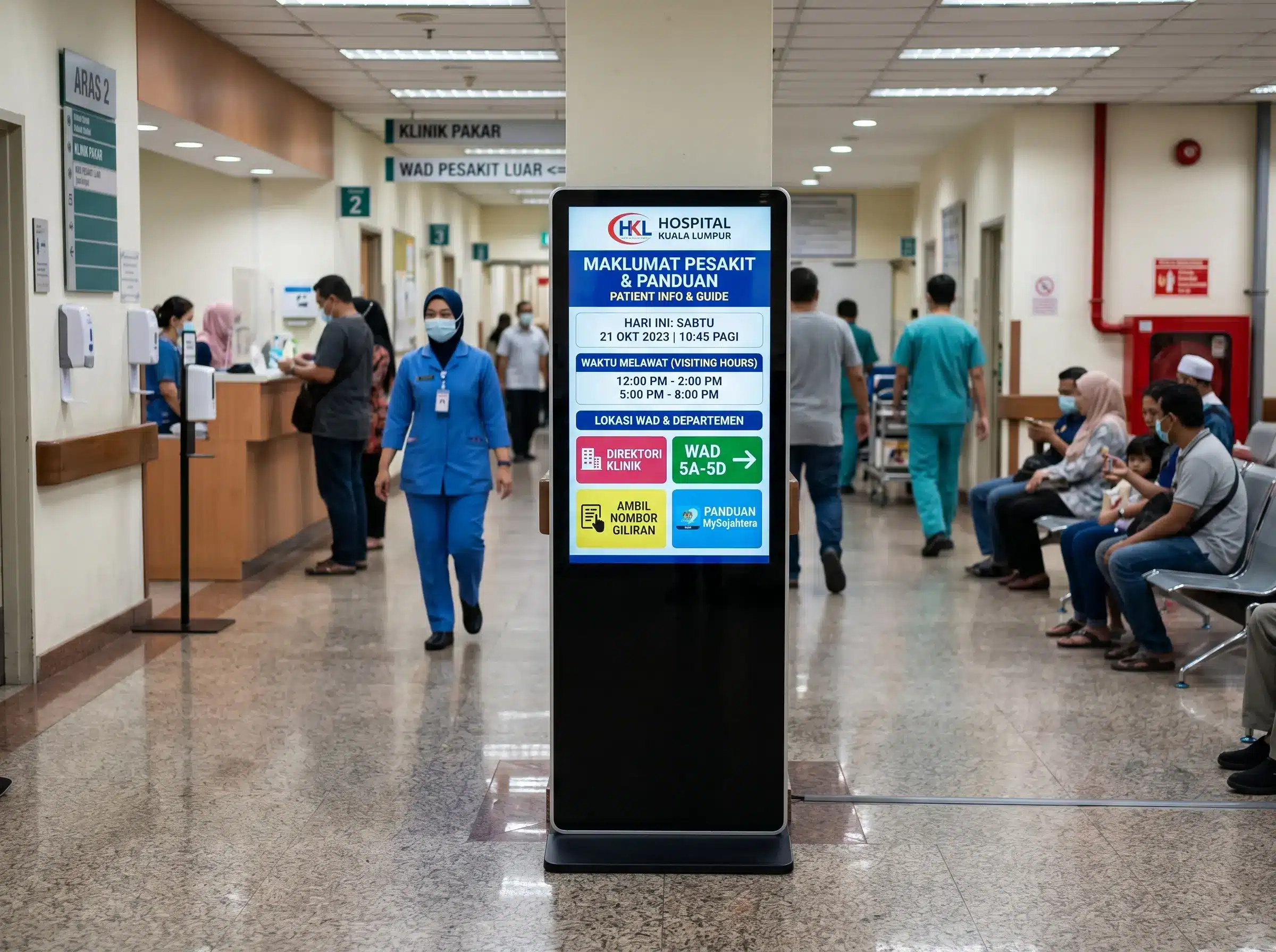 Arvia digital signage in Malaysian hospital waiting area showing queue numbers and health information