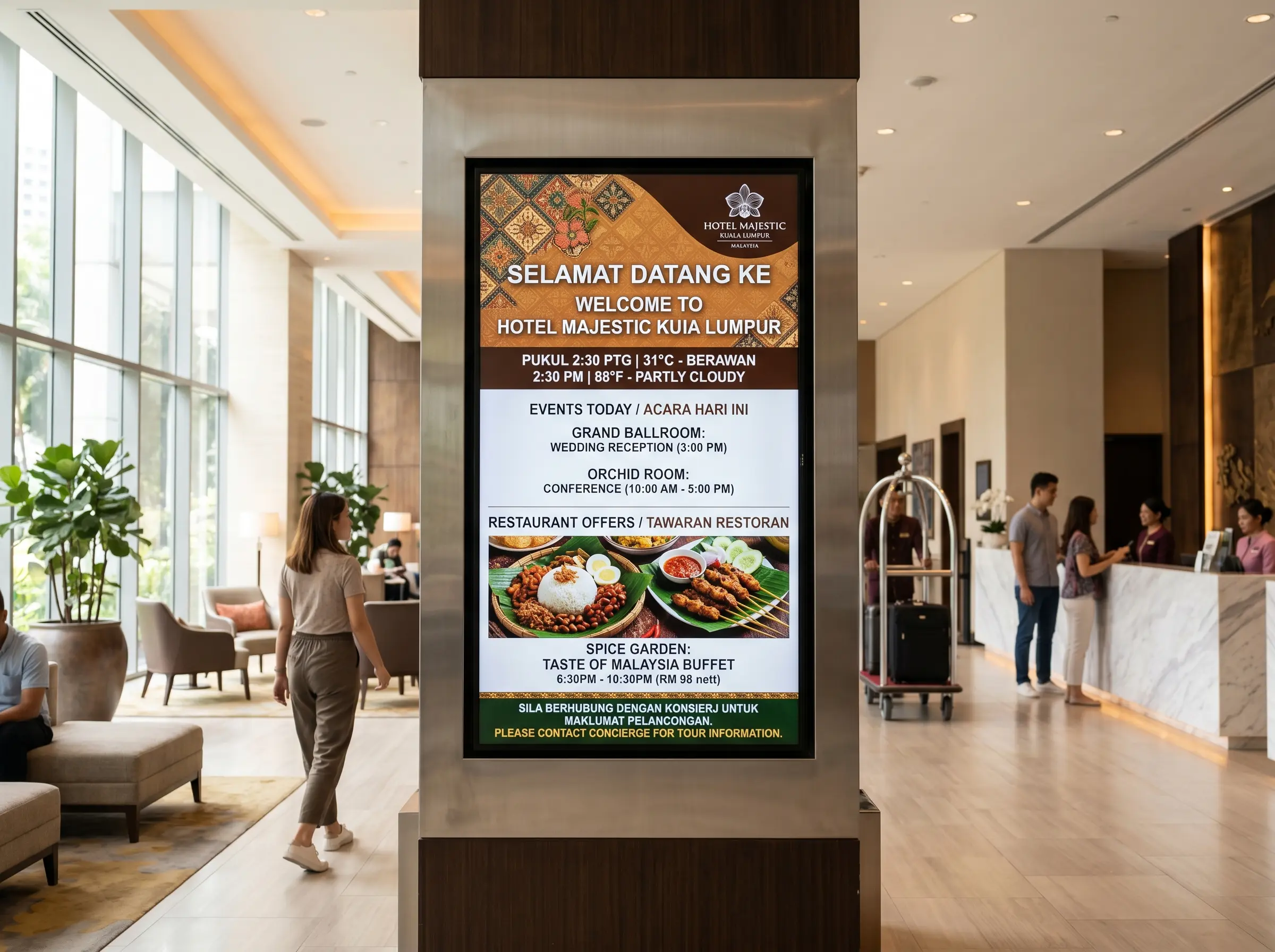 Arvia digital signage in Malaysian hotel lobby showing welcome content and event schedule