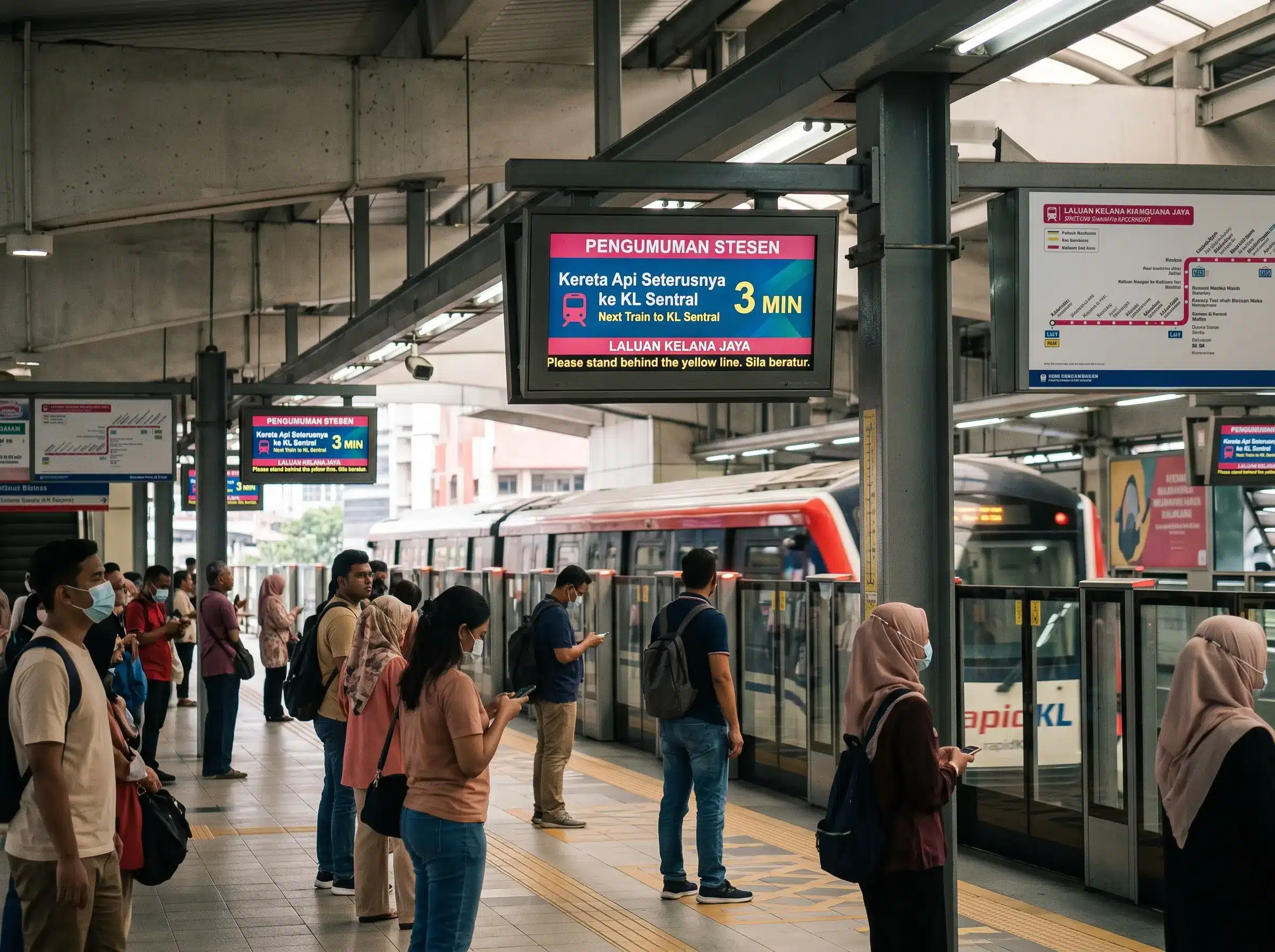 Arvia digital signage at Malaysian transit station showing train schedules and route information