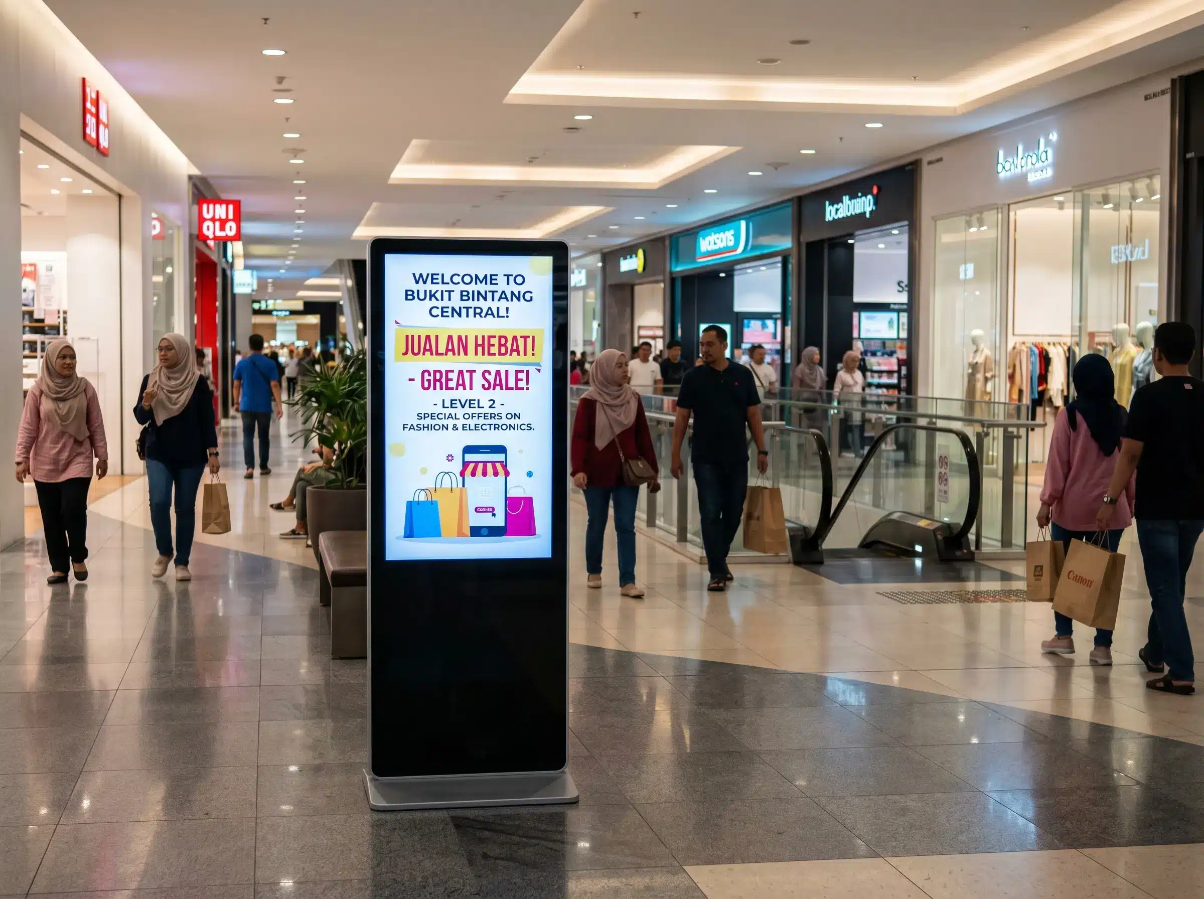 Arvia digital signage in Malaysian shopping mall with promotional content and wayfinding directory