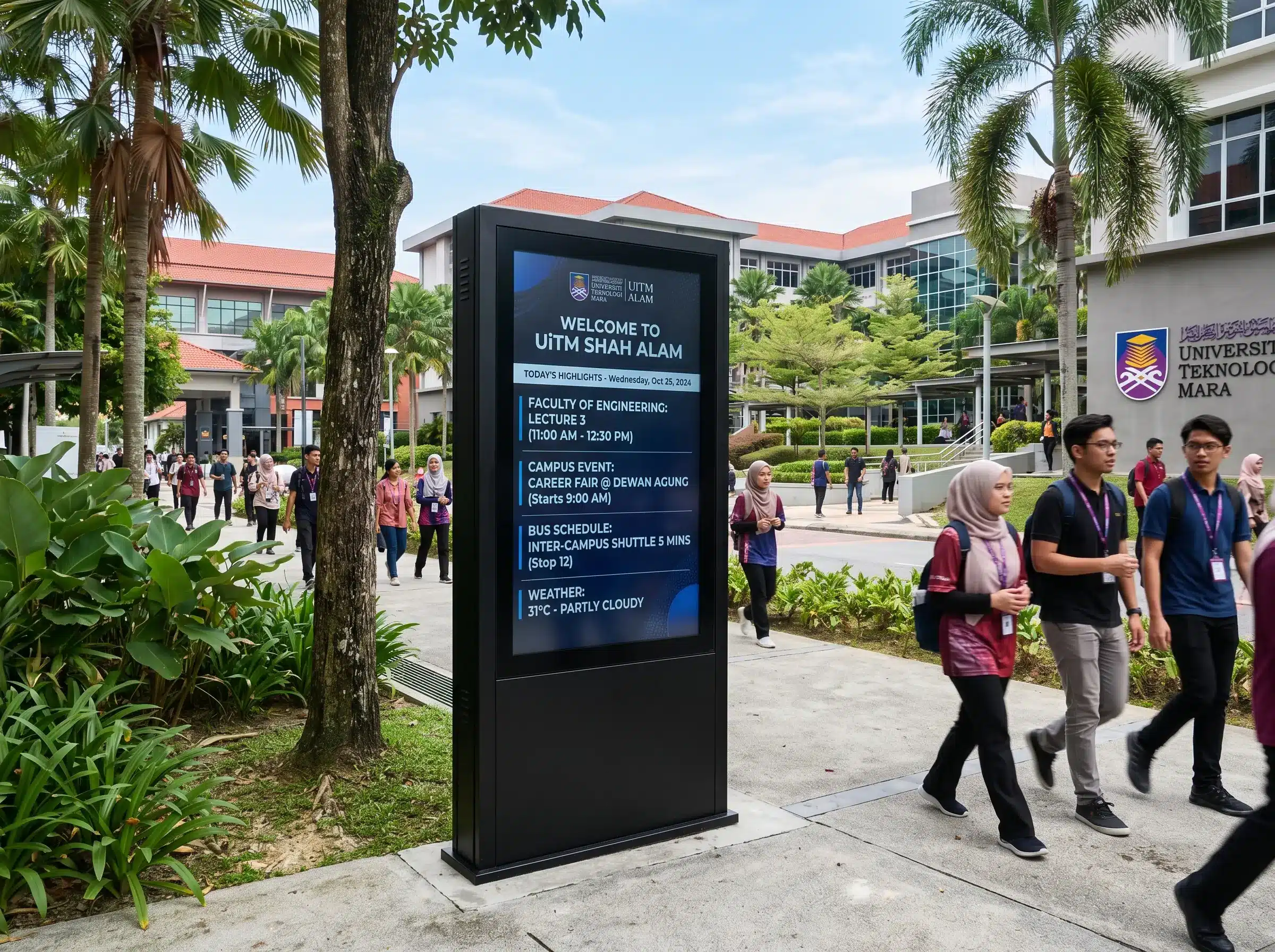 Arvia digital signage in Malaysian university campus displaying announcements and event news