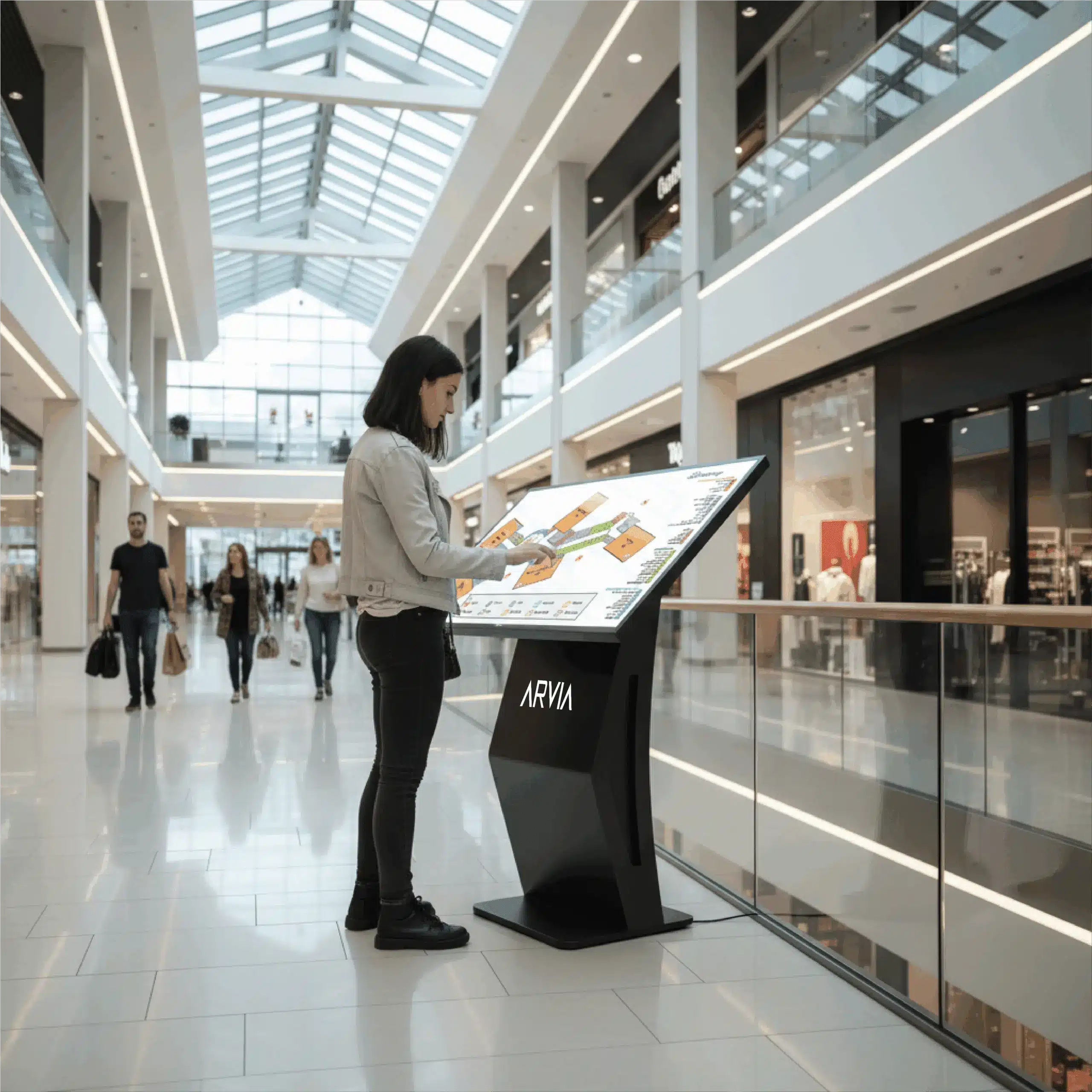 Arvia floor-standing interactive kiosk with wayfinding directory at Malaysian shopping mall