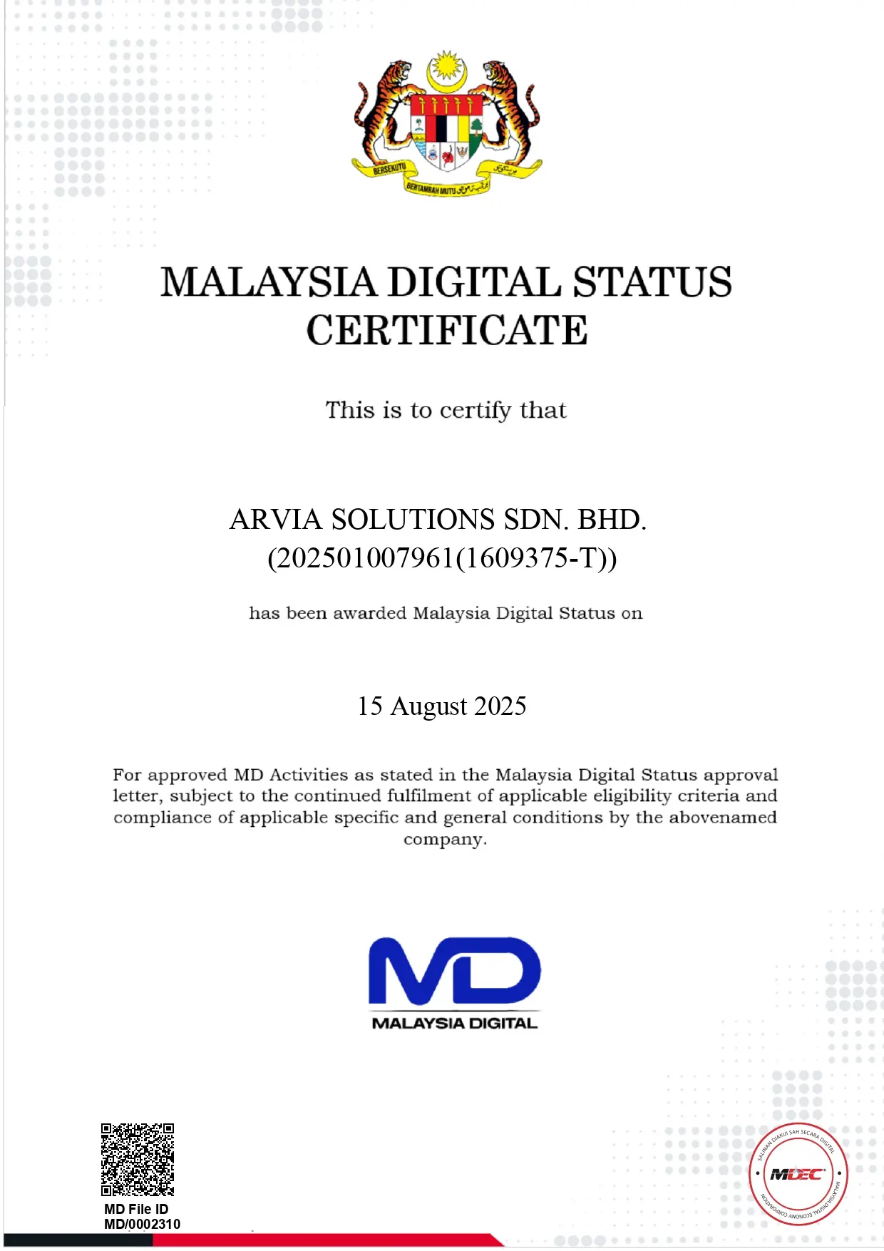 Arvia Malaysia Digital MD Status certification by MDEC
