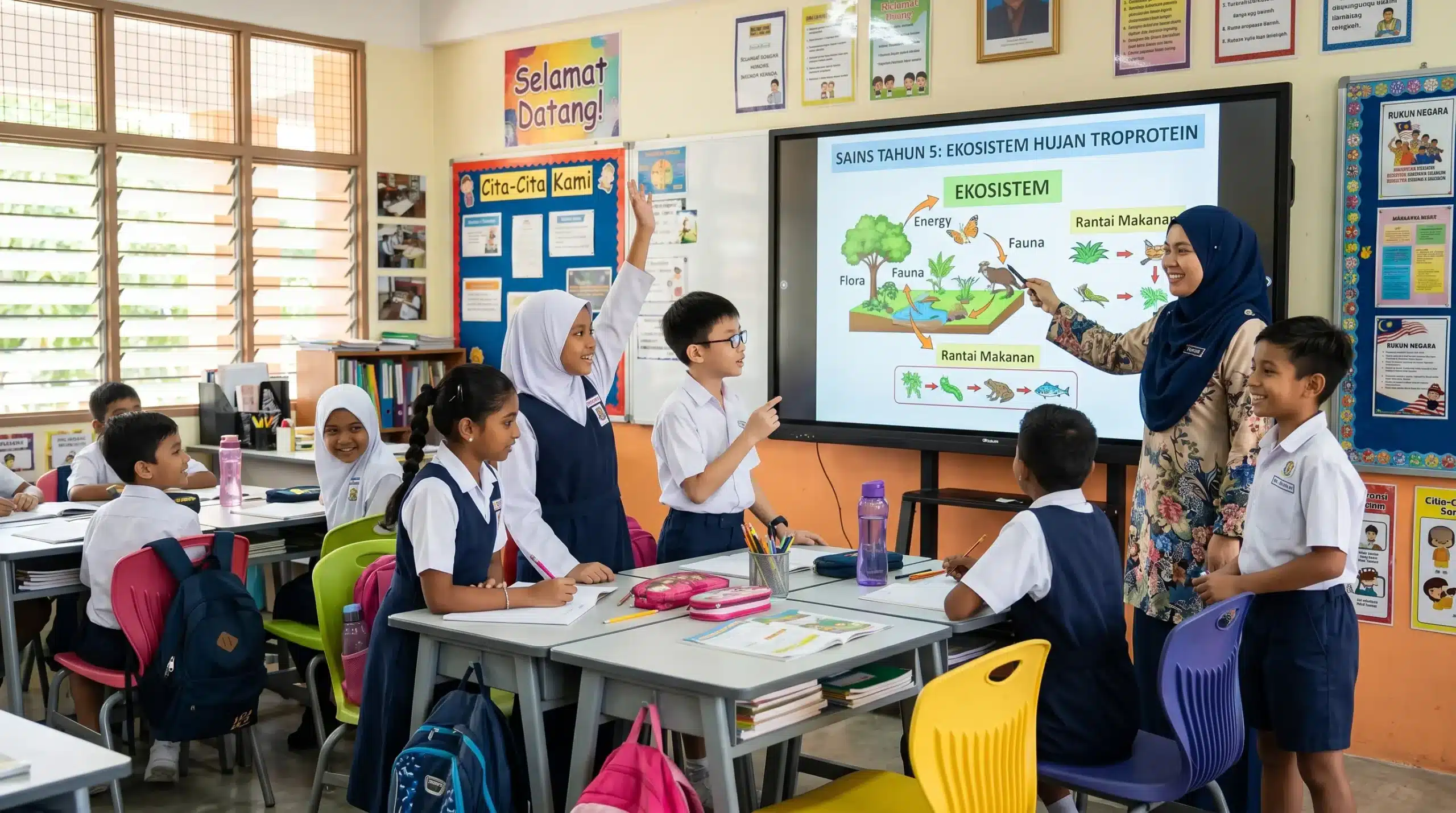 AI smartboard transforming Malaysian classroom with engaged students learning interactively