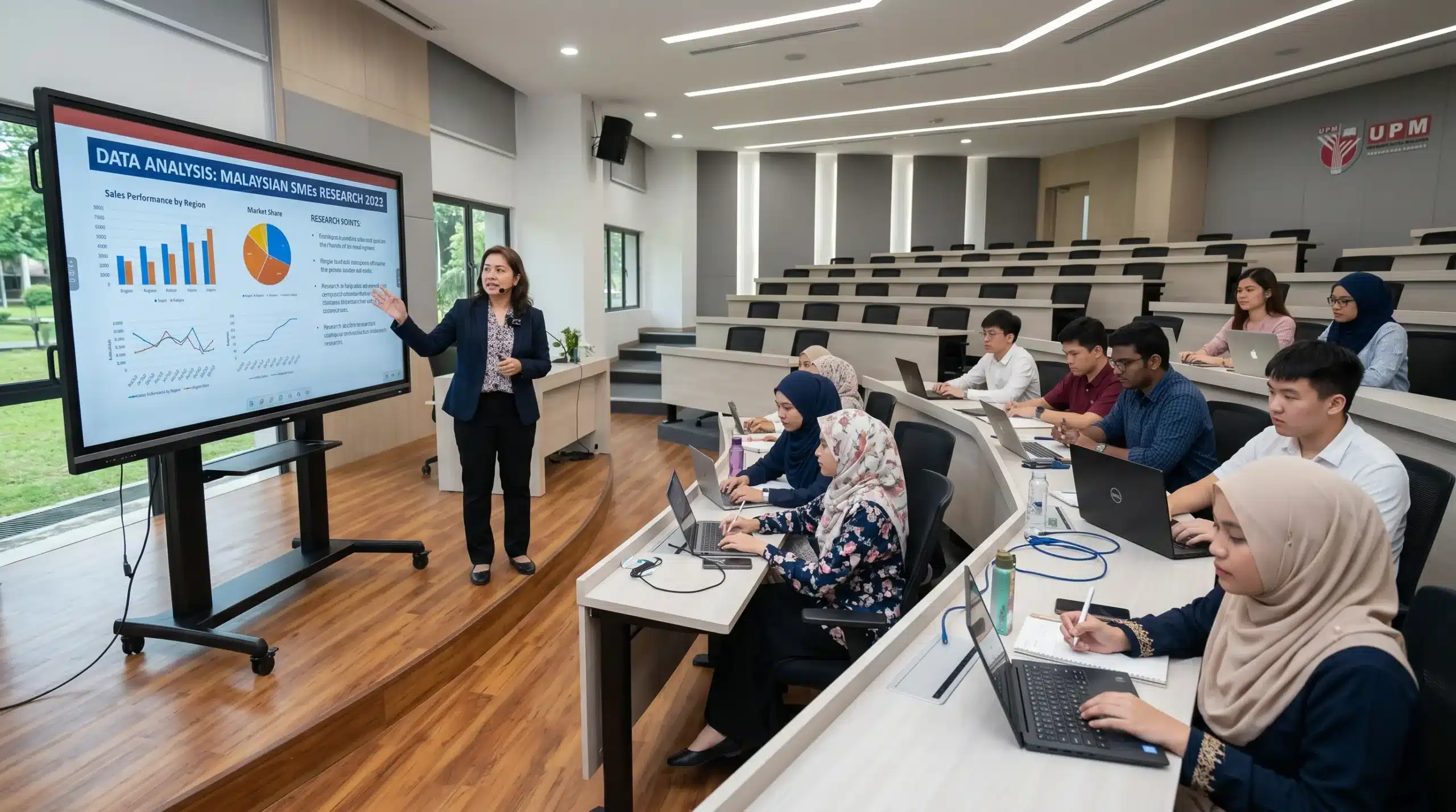 Arvia smartboard powering Malaysian university lecture with students engaged in higher education learning