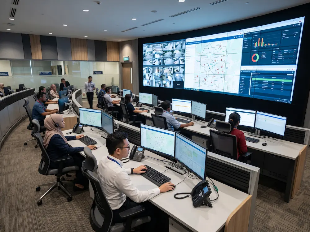 Malaysian command center with video wall and ergonomic operator workstations