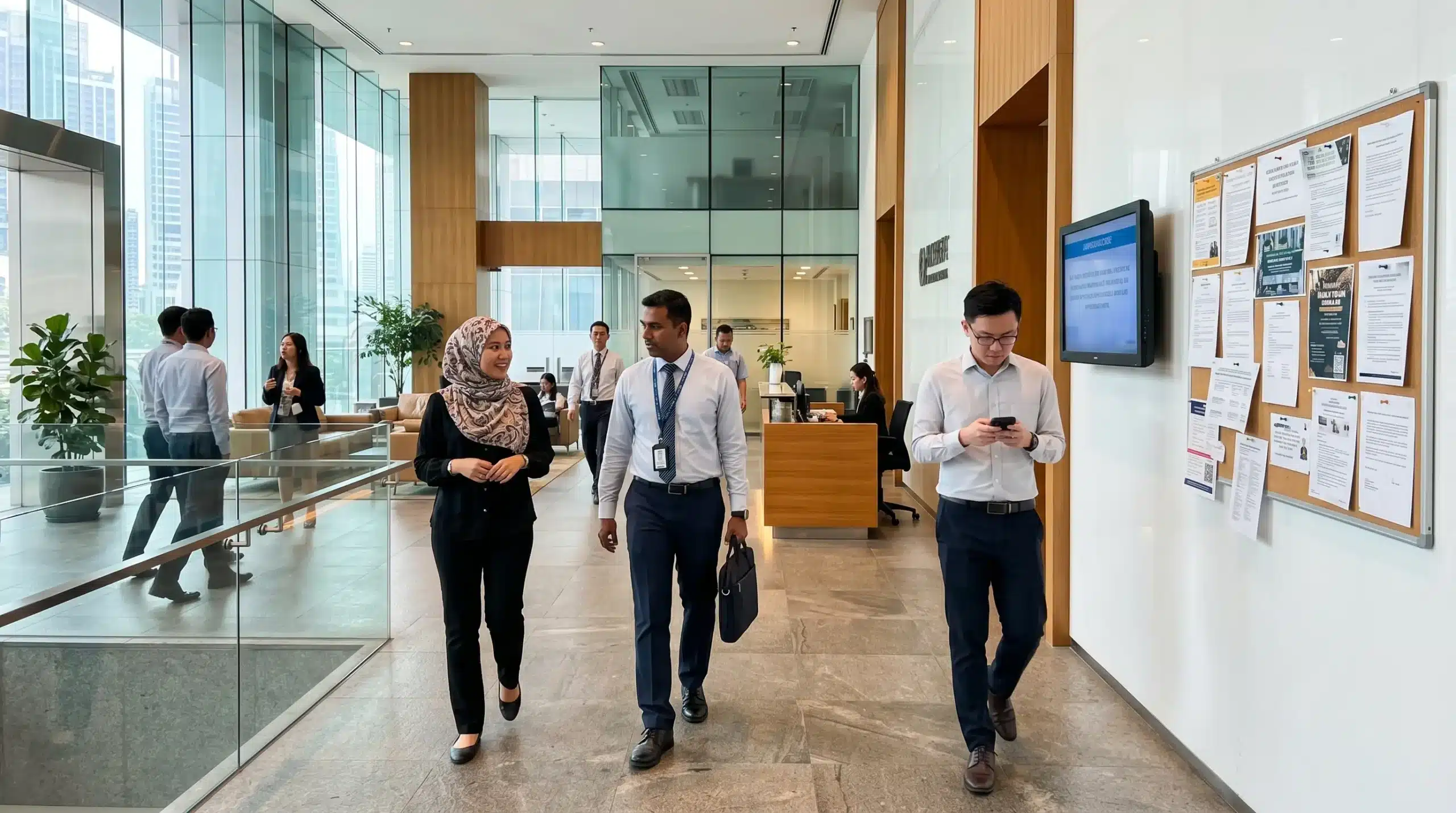 Employees walking past printed announcements in a modern corporate office lobby