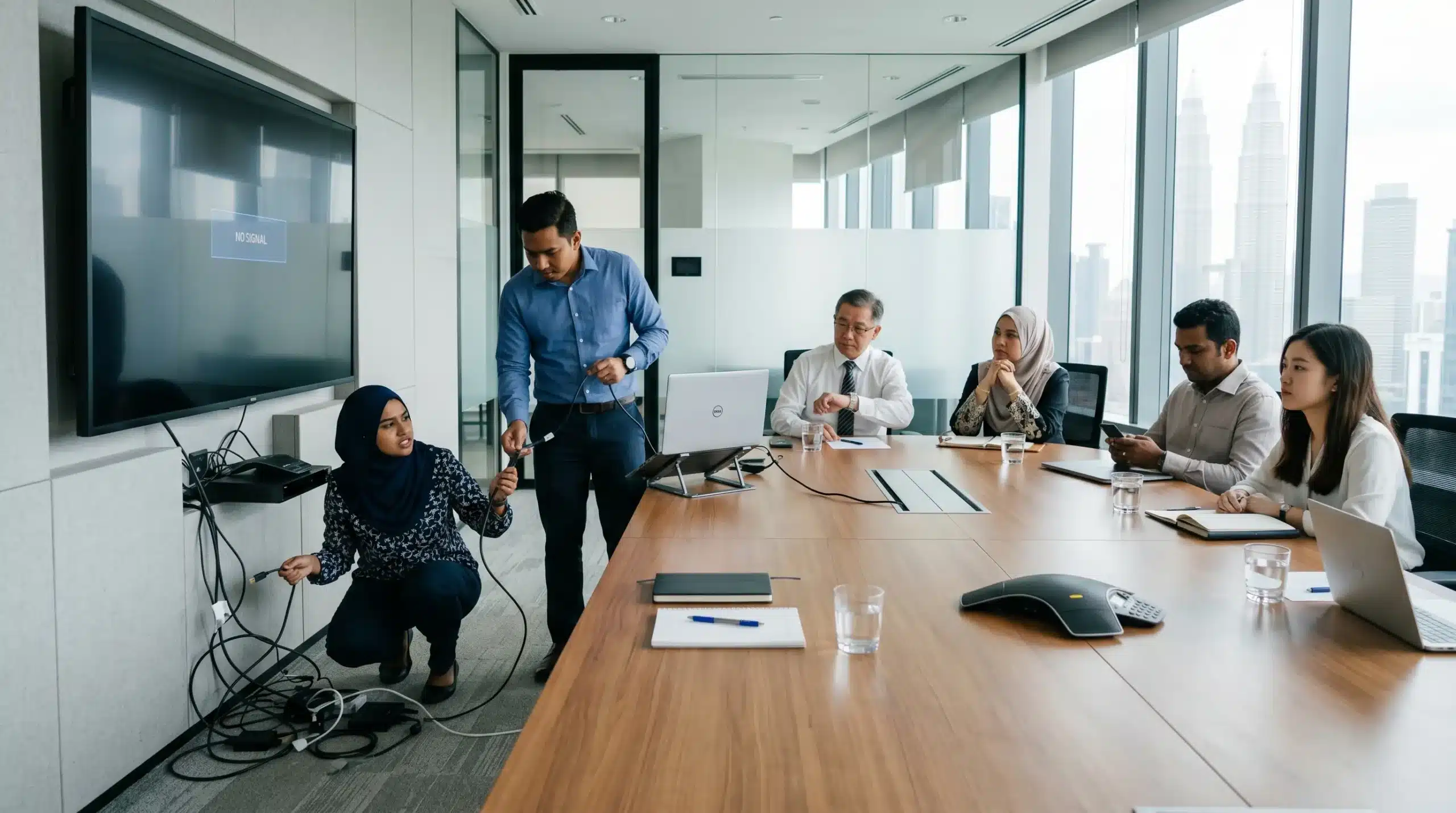 Malaysian corporate team experiencing delays while setting up AV equipment in a meeting room