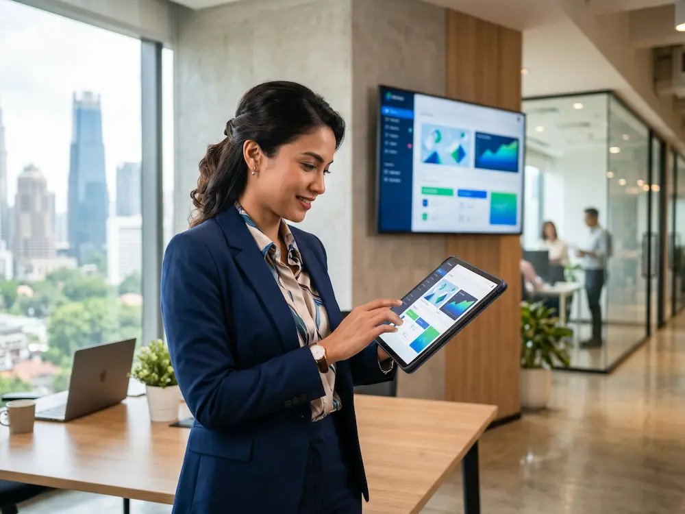 Manager updating Arvia digital signage content remotely from a cloud dashboard on a tablet in Malaysia