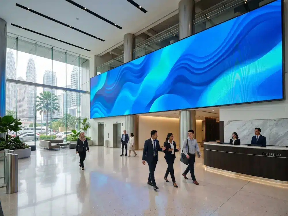 Arvia digital signage video wall welcoming visitors in a modern Malaysian corporate lobby