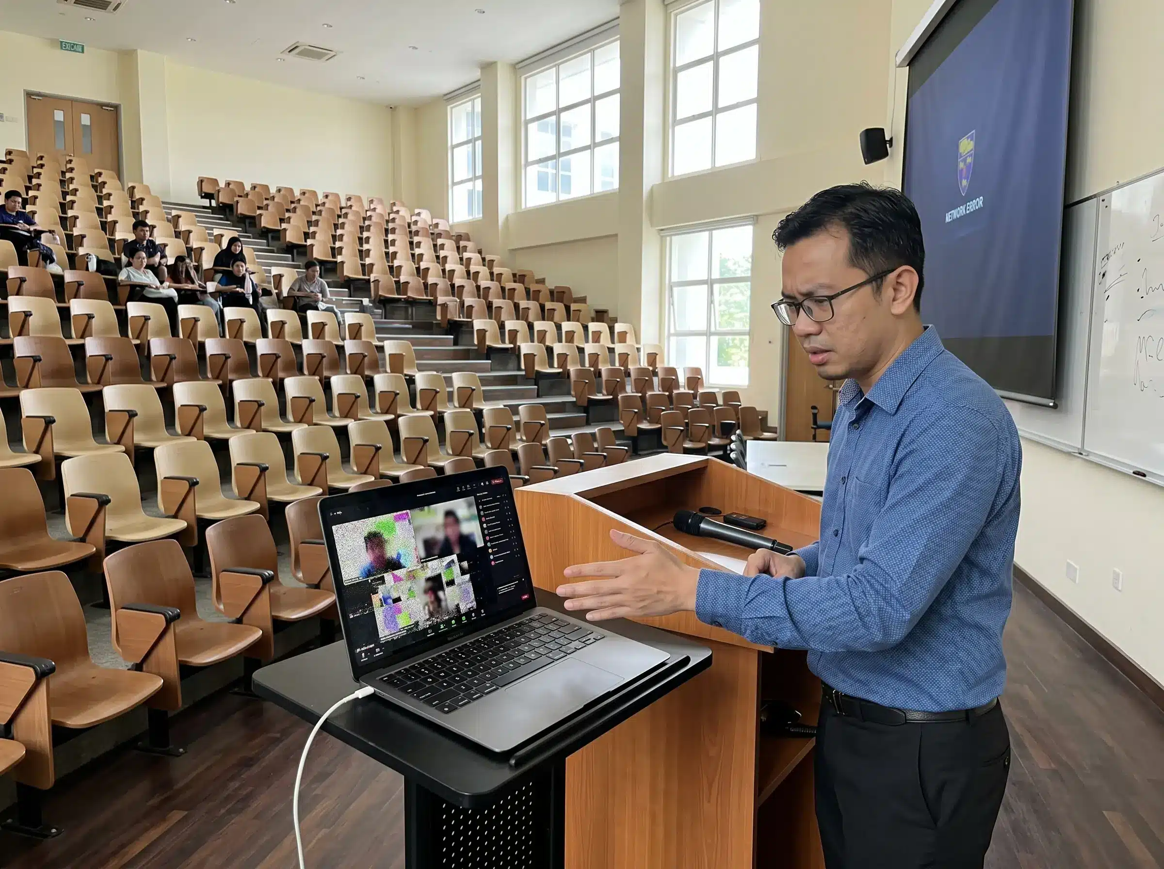 Lecture hall facing challenges with a basic hybrid learning setup