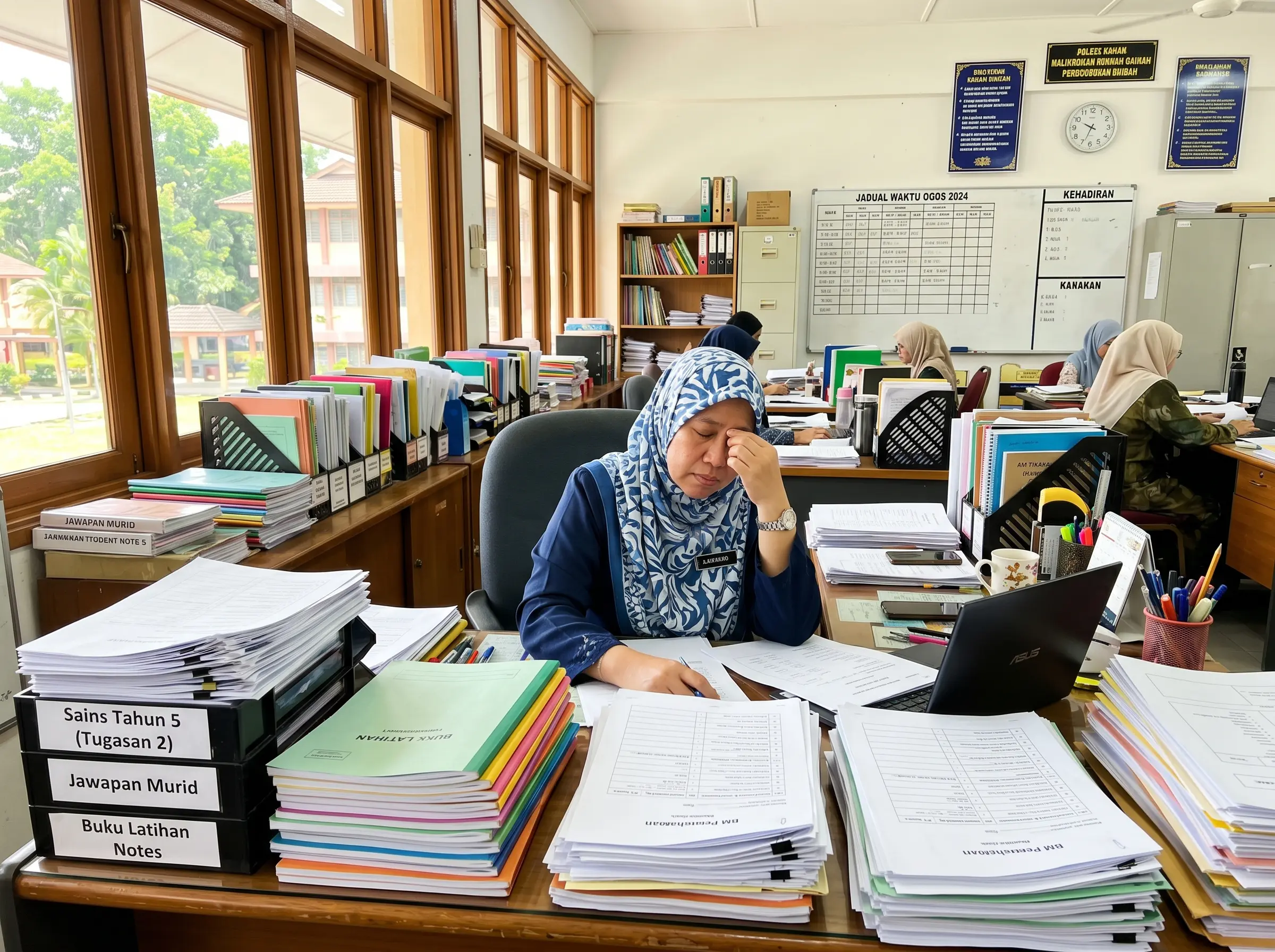 Malaysian teacher managing manual lesson preparation and teaching materials