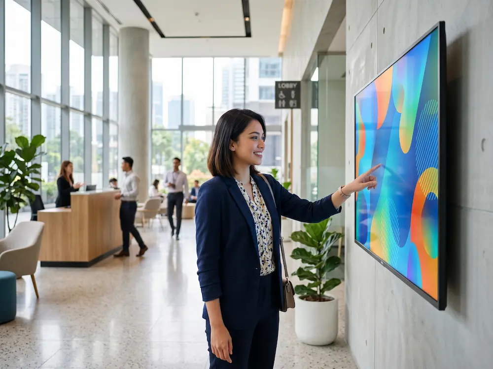 Person using a general-purpose Arvia touchscreen display in a modern Malaysian office lobby