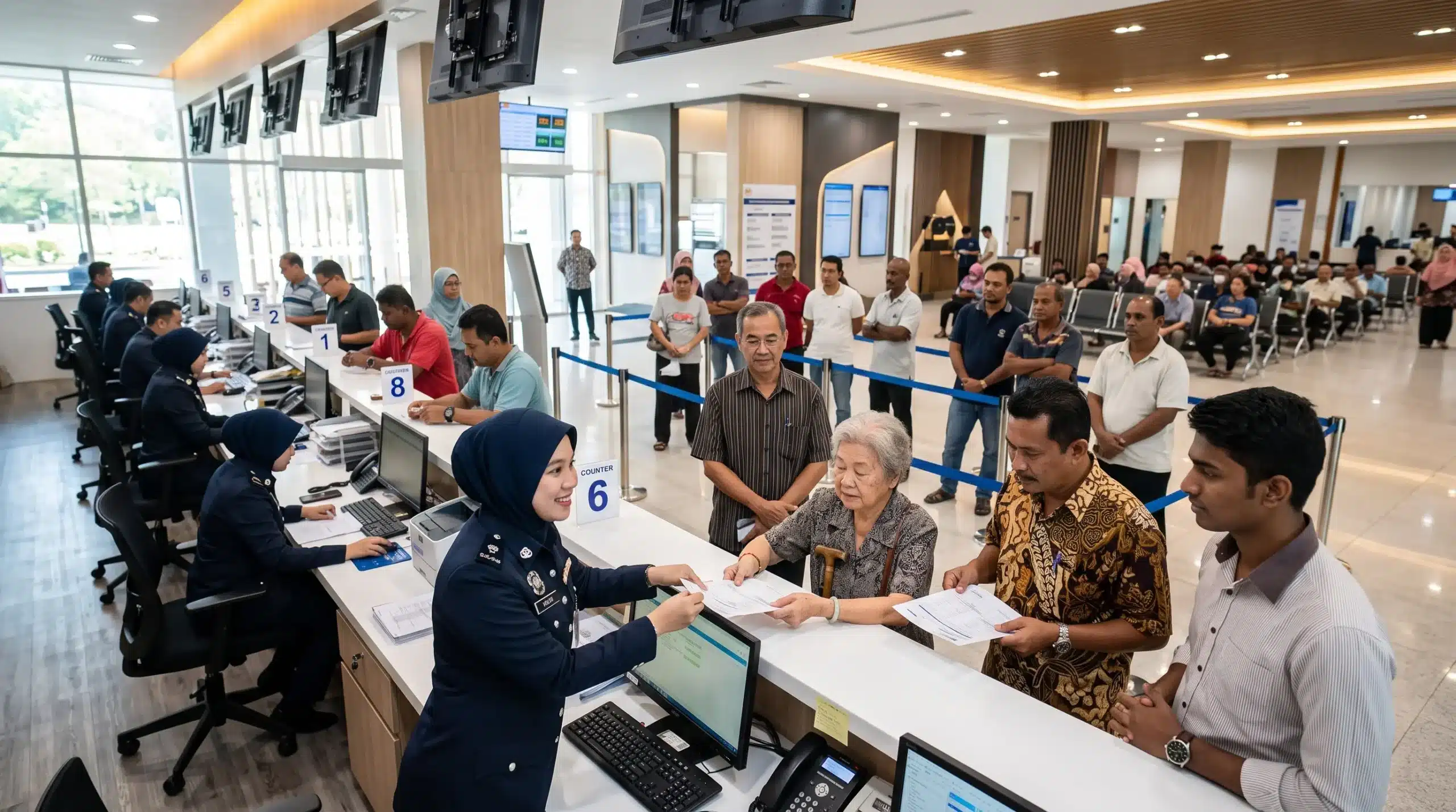 Citizens waiting while government staff manage enquiries at a busy public service counter in Malaysia