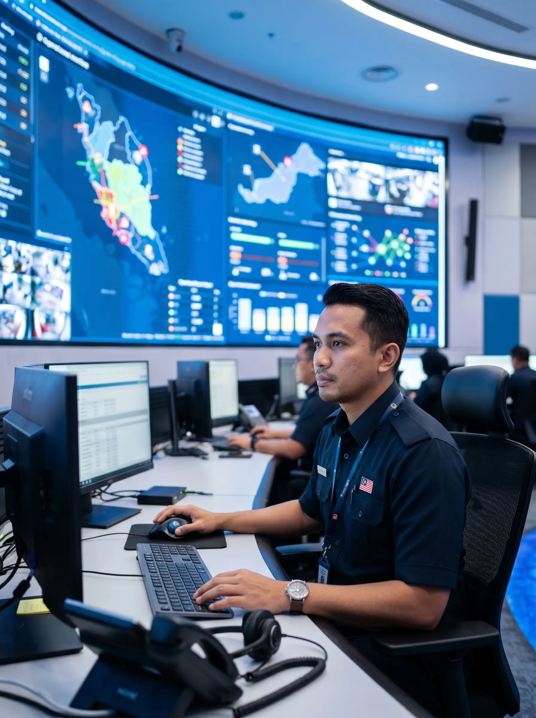 Malaysian government officer monitoring operations in a modern command center with a large video wall