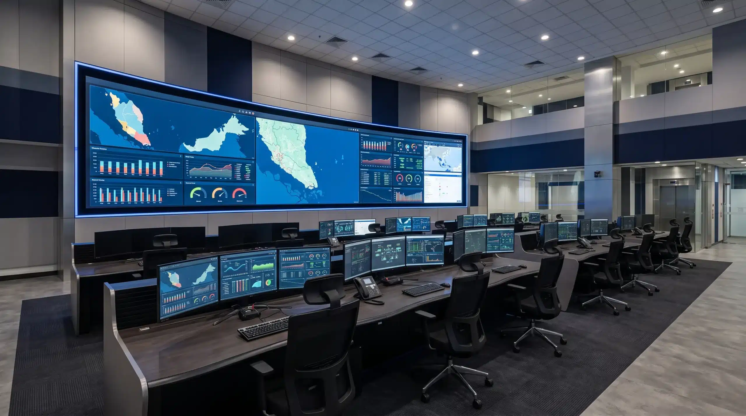 Modern government command centre in Malaysia with a large video wall and integrated operational monitoring systems