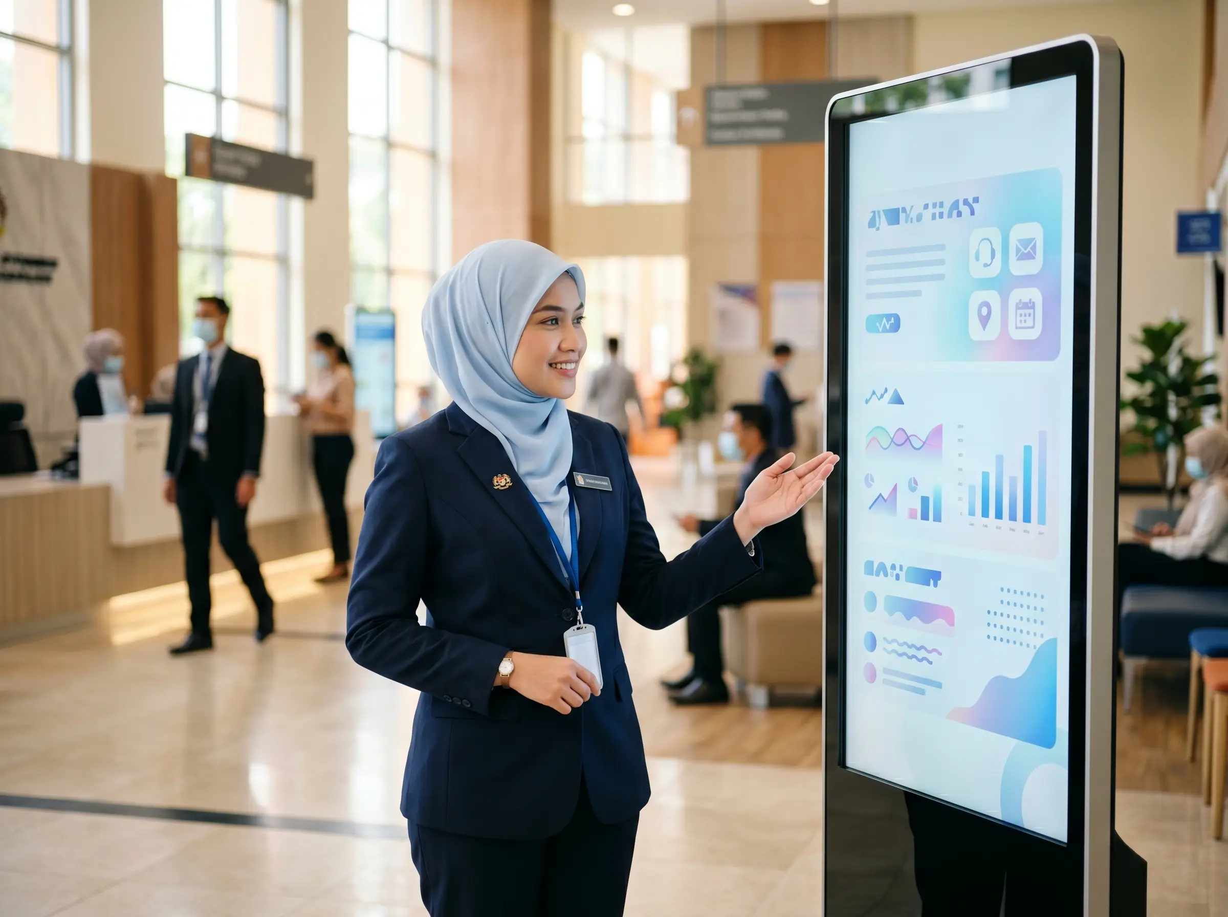 Government staff member using a vertical digital signage display in a public service lobby