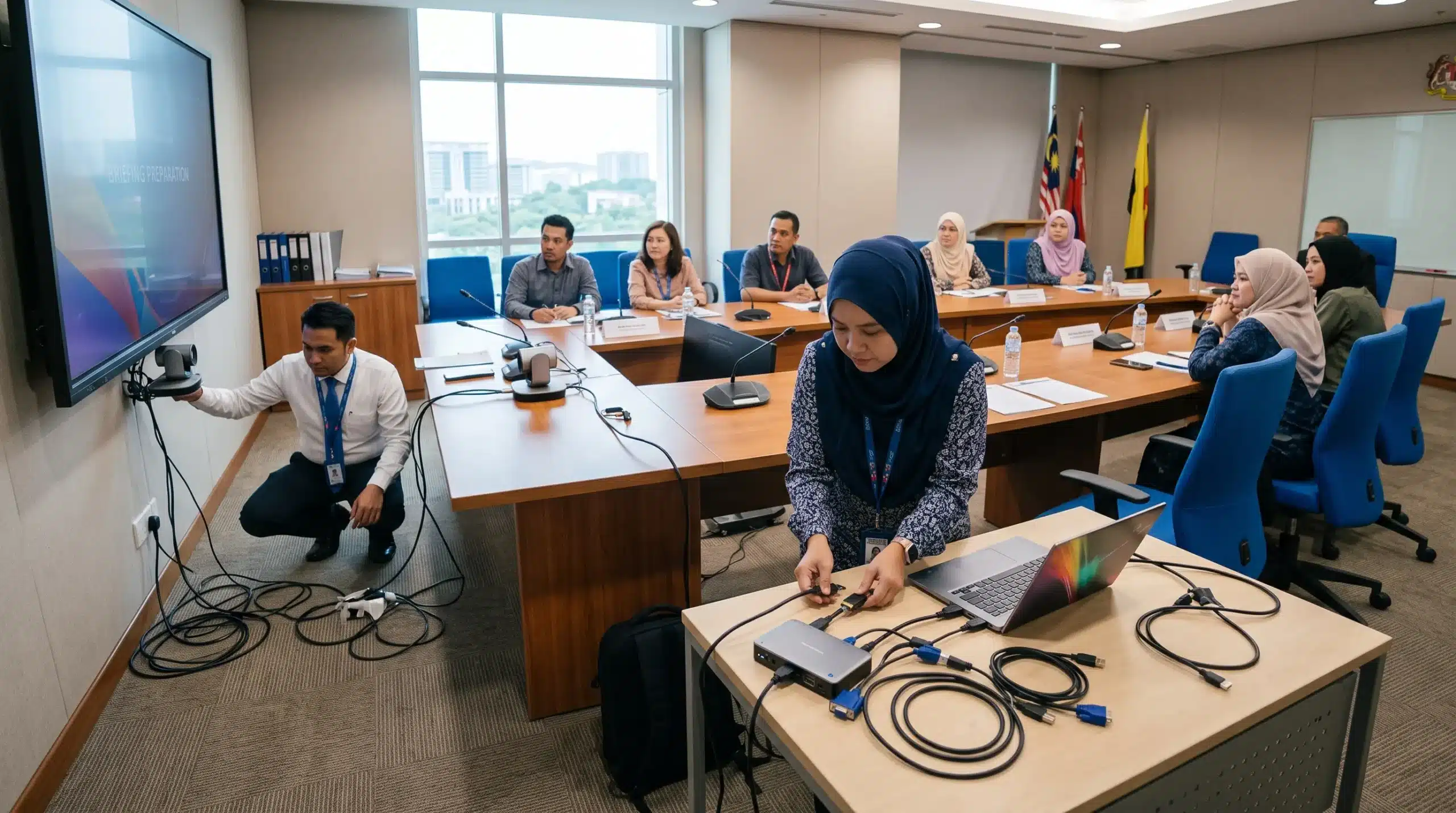 Malaysian government staff setting up separate AV equipment in a meeting and training room