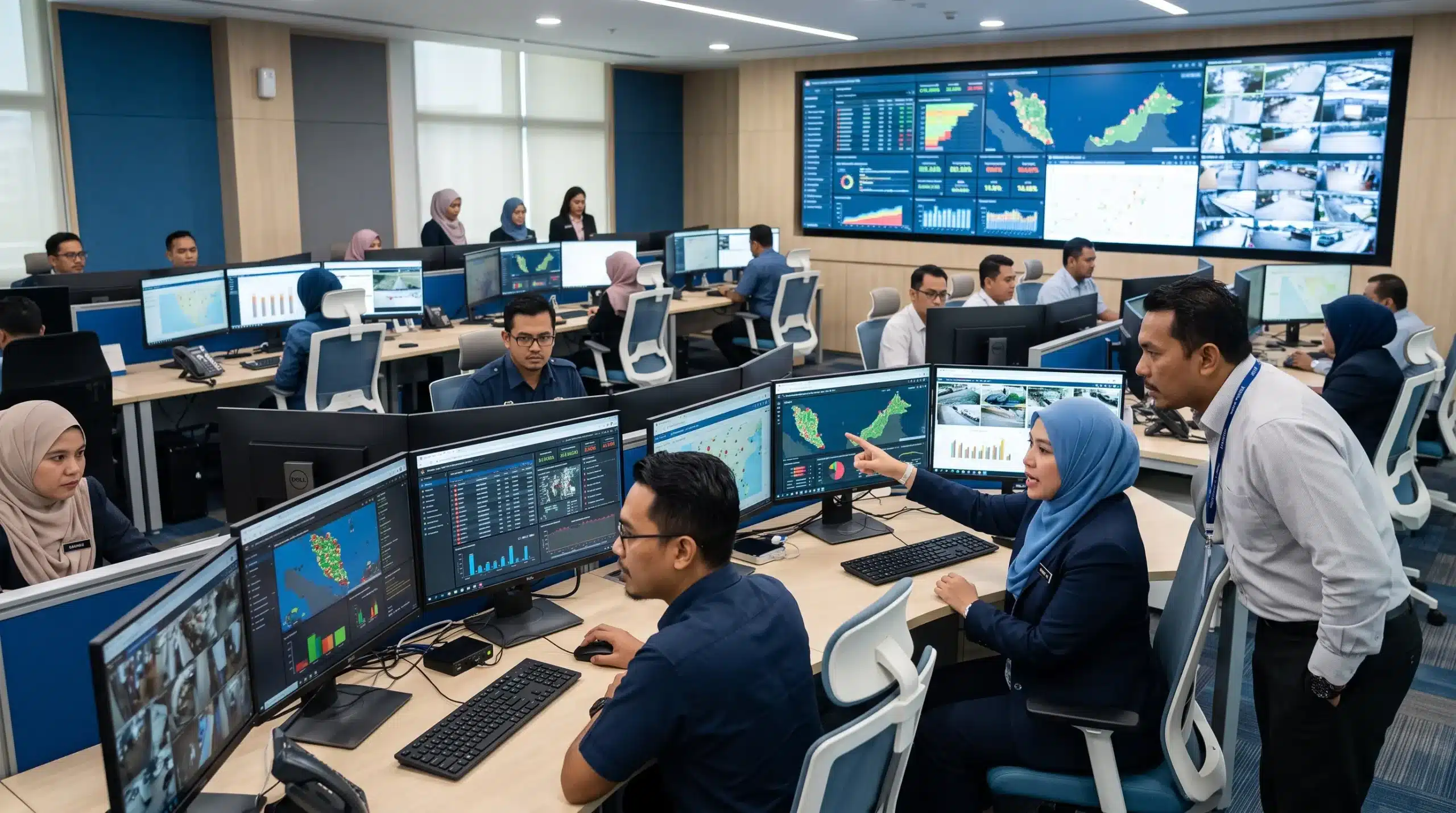 Malaysian government officers monitoring operational information across separate systems in a command centre