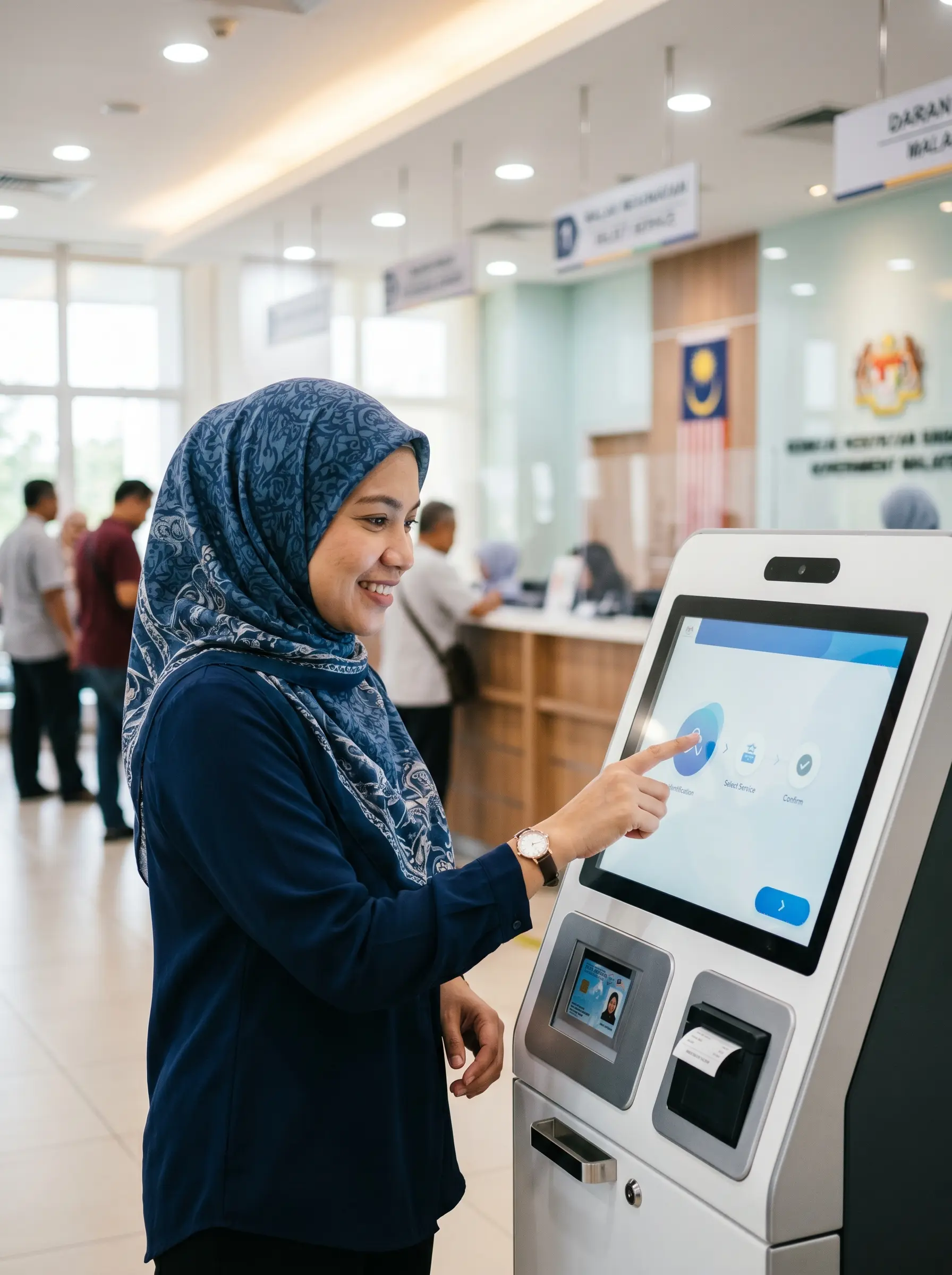 Malaysian citizen using an interactive self-service kiosk at a modern government service centre