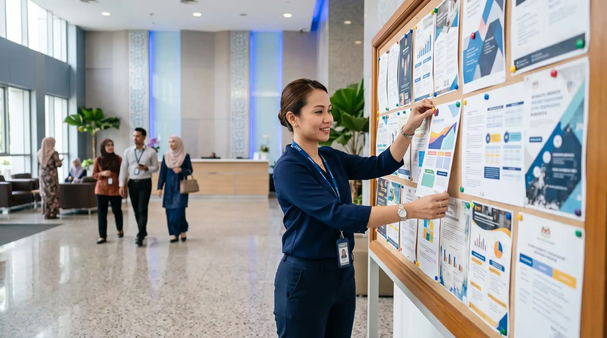 Government staff member manually updating printed notices on a public information board in Malaysia