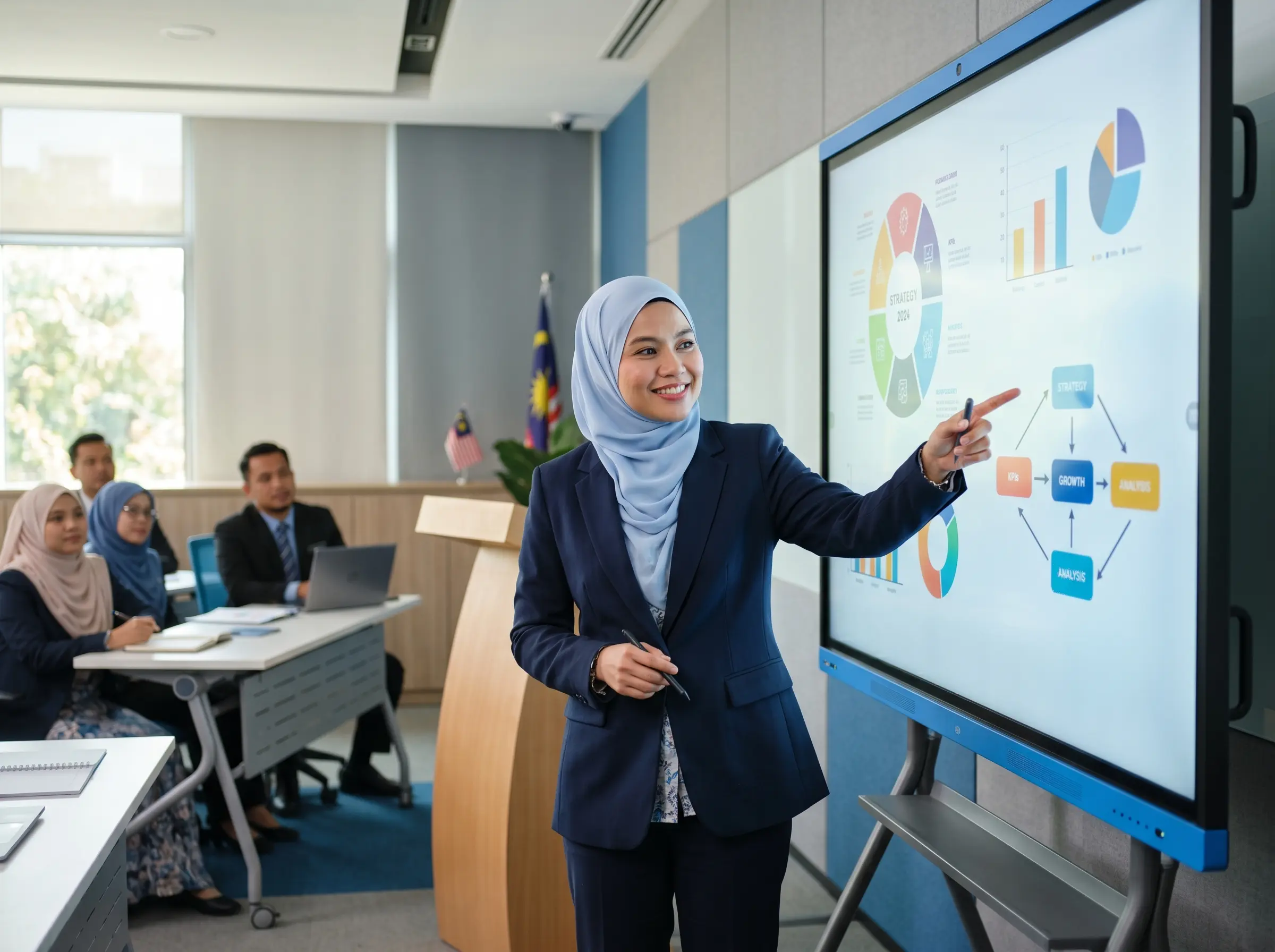 Government trainer presenting with an interactive smartboard during a professional briefing in Malaysia