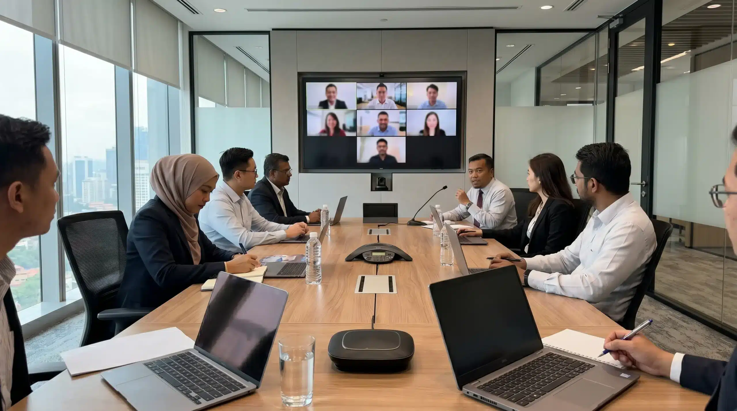 Hybrid corporate meeting where remote participants have limited visibility and room coverage