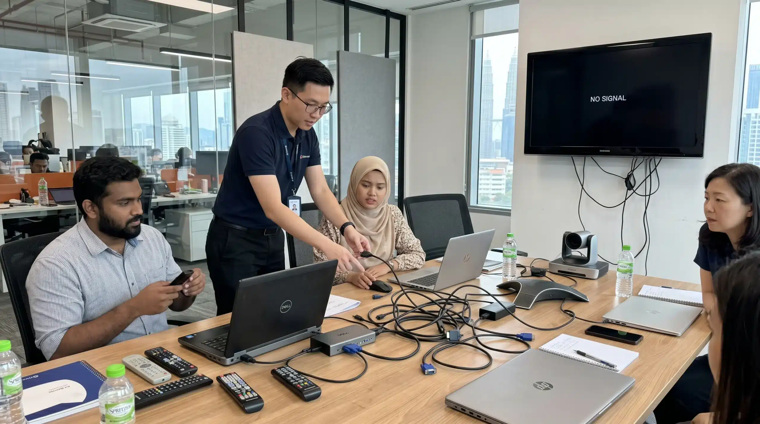 IT staff assisting employees with inconsistent AV equipment in a corporate meeting room