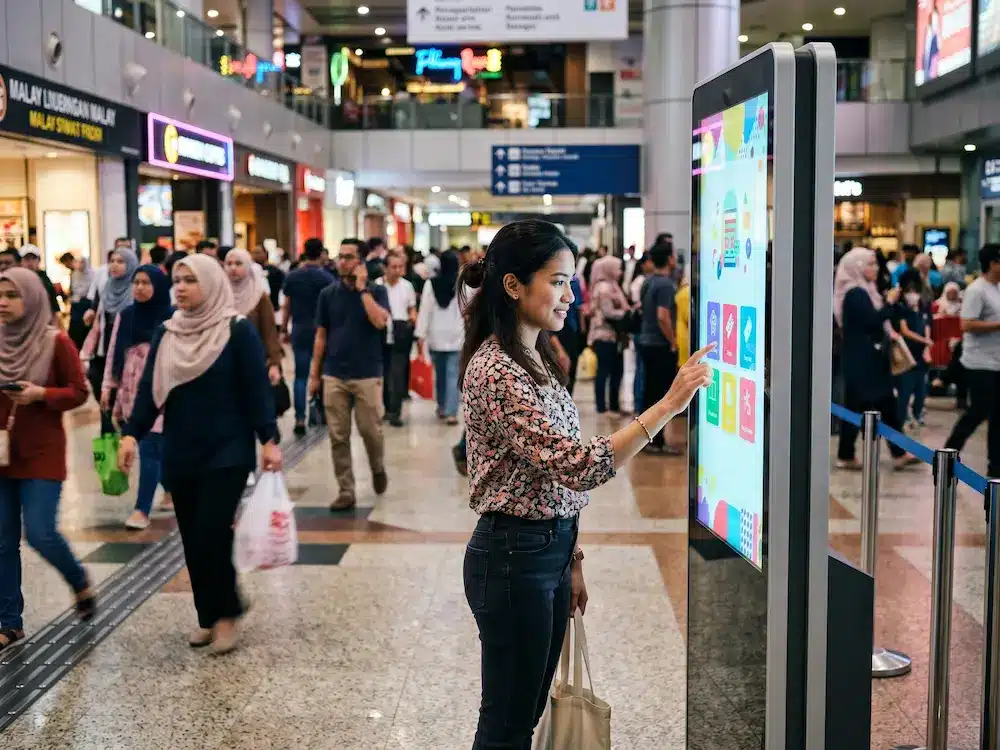 Customer using an Arvia infrared touchscreen on a self-service interactive kiosk in Malaysia