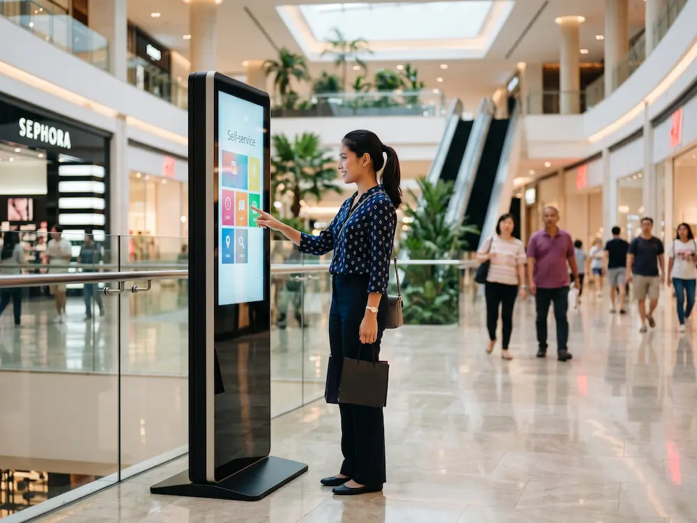 Shopper using an Arvia interactive kiosk for self-service in a modern Malaysian shopping mall