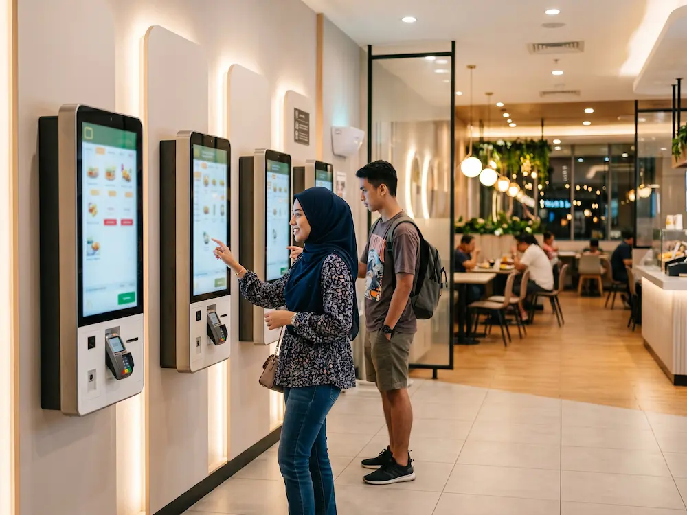 Customers using Arvia self-order interactive kiosks in a modern Malaysian fast-food restaurant