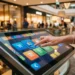 Close-up of a person tapping an Arvia interactive kiosk touchscreen in a Malaysian retail setting