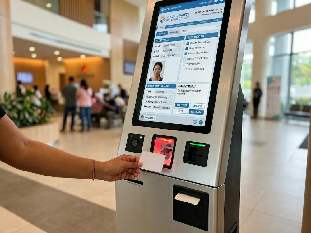 Self service kiosk with touchscreen, scanner and thermal printer modules