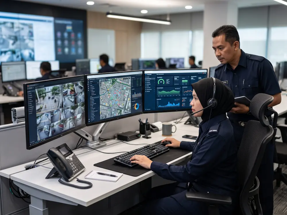 Operator using KVM over IP to control multiple systems in a Malaysian command center