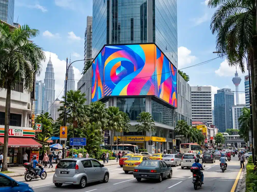 Arvia outdoor LED display billboard mounted on a modern building facade in Kuala Lumpur city