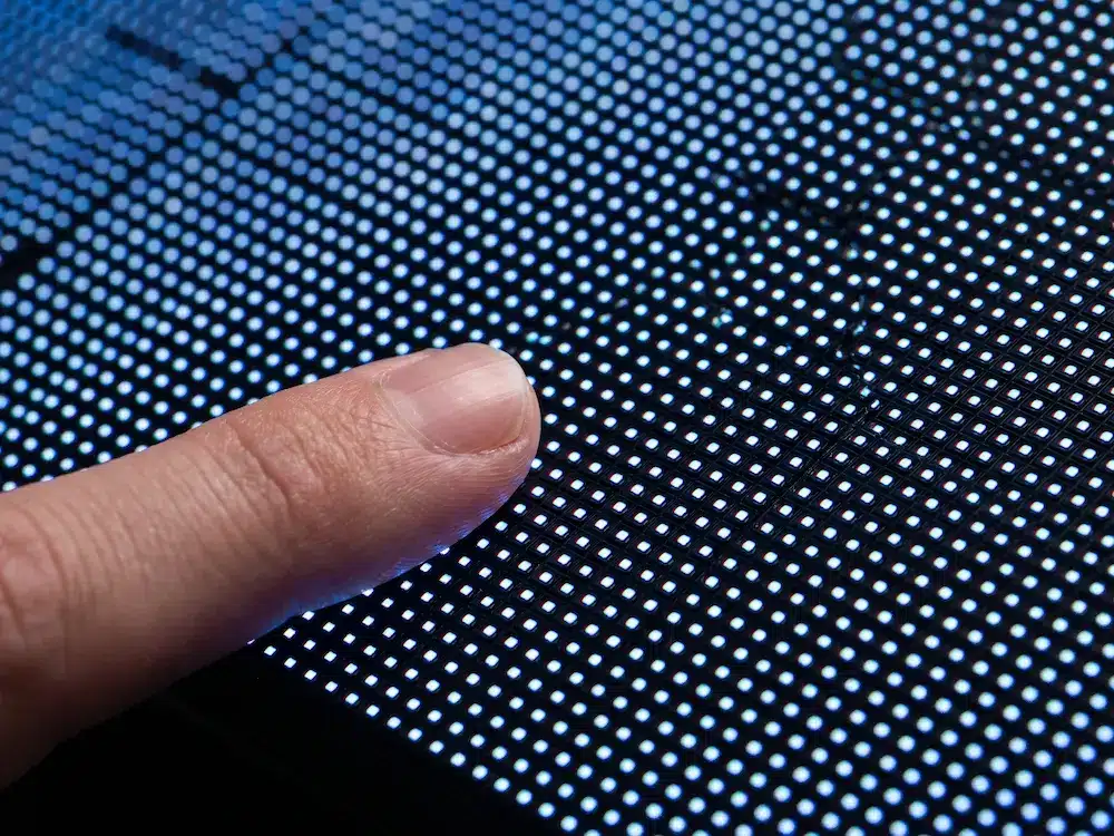 LED display pixel pitch close-up showing the individual Arvia LED pixels and seamless surface detail