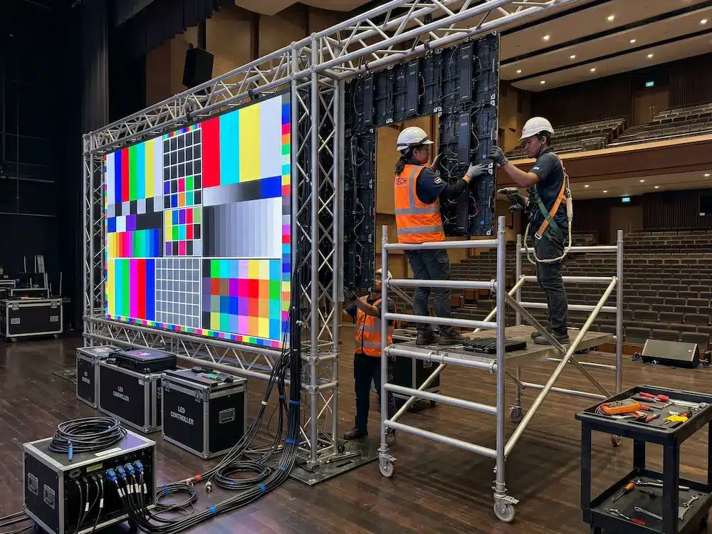 Professional LED screen display installation with modular panels in Malaysia