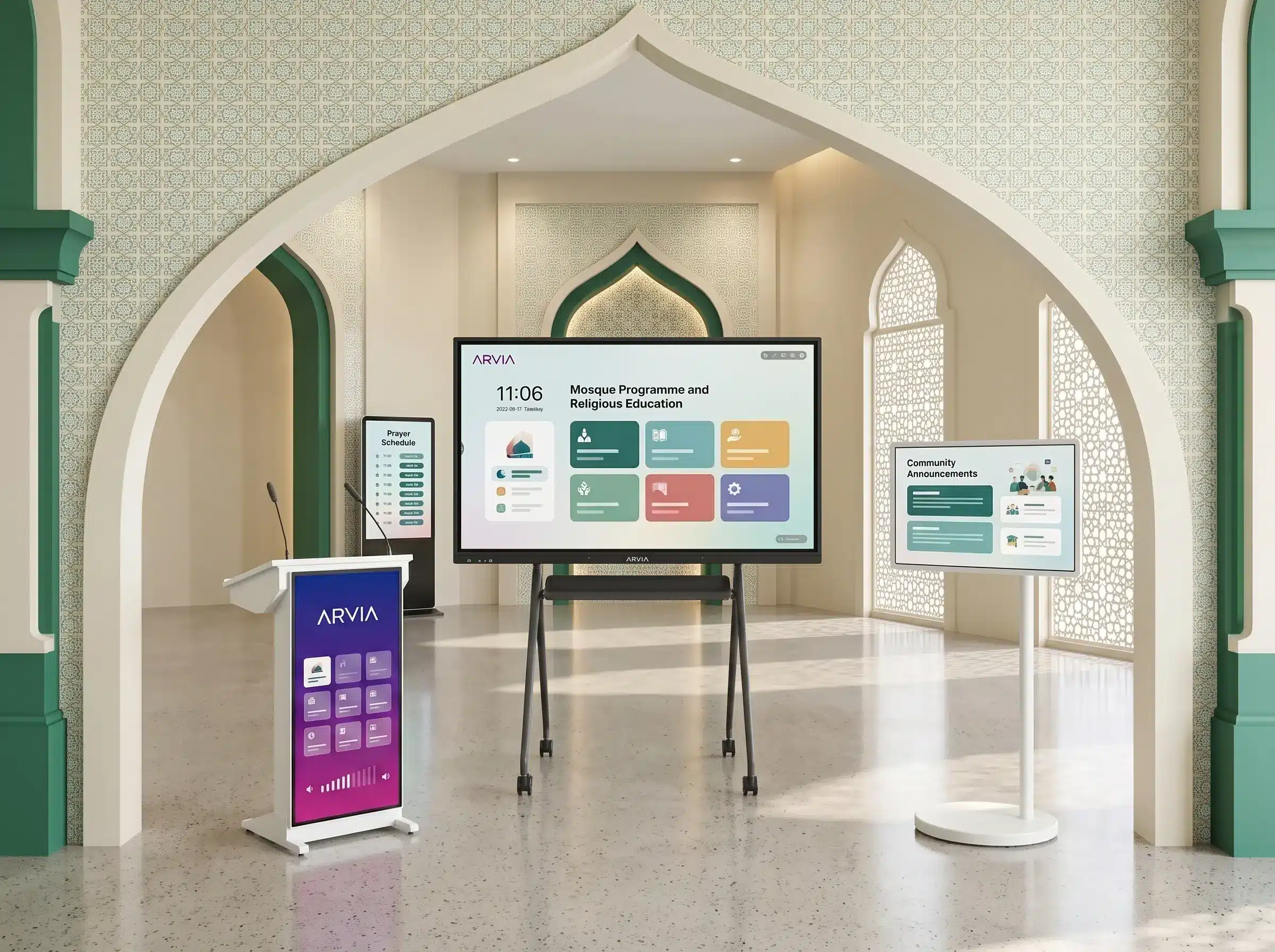 ARVIA smartboard, FlipTouch movable display, smart podium and digital signage in a modern mosque hall in Malaysia