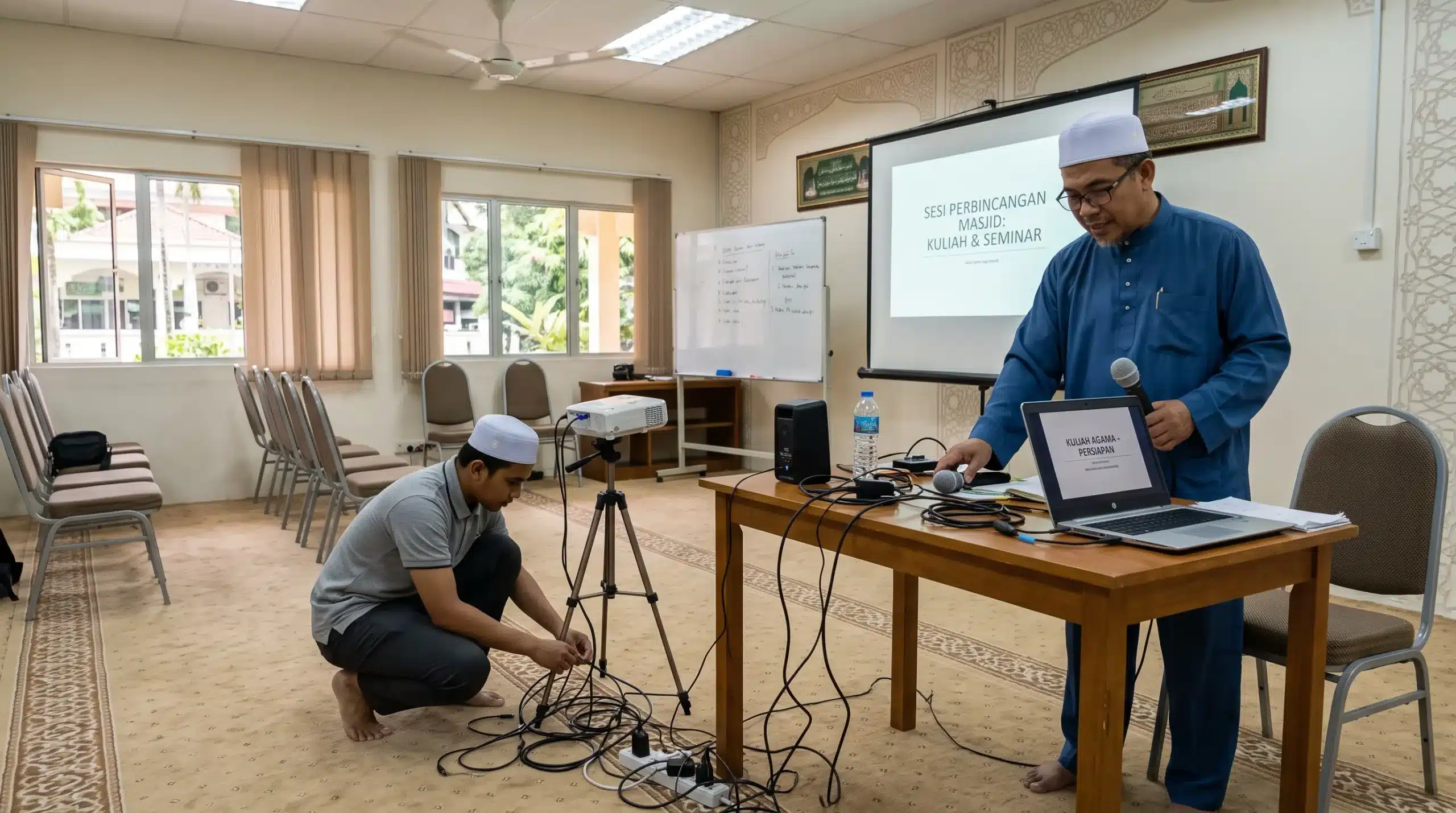 Speaker preparing a presentation at a smart podium in a modern Malaysian masjid hall