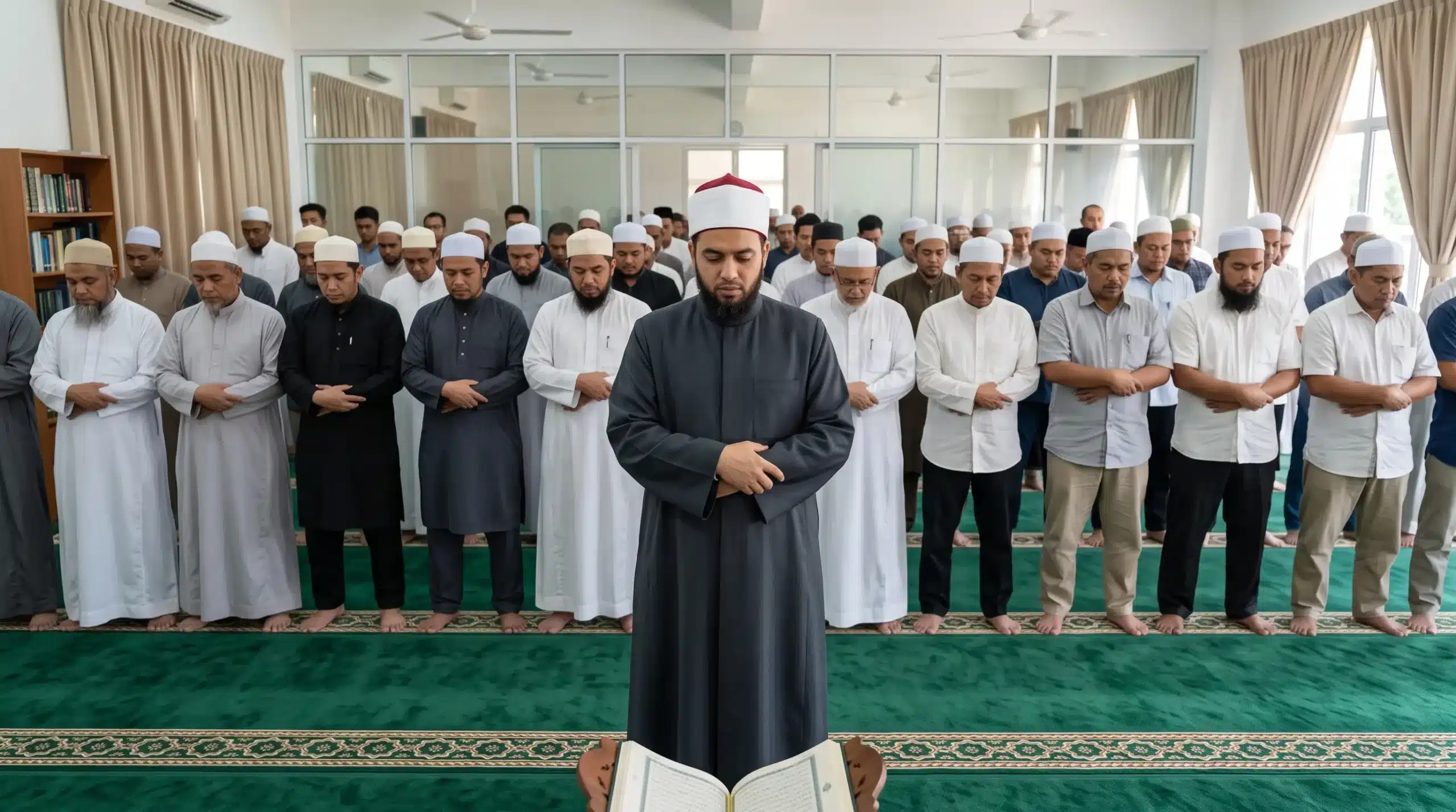 Imam referring to a physical mushaf while leading prayer in a Malaysian masjid