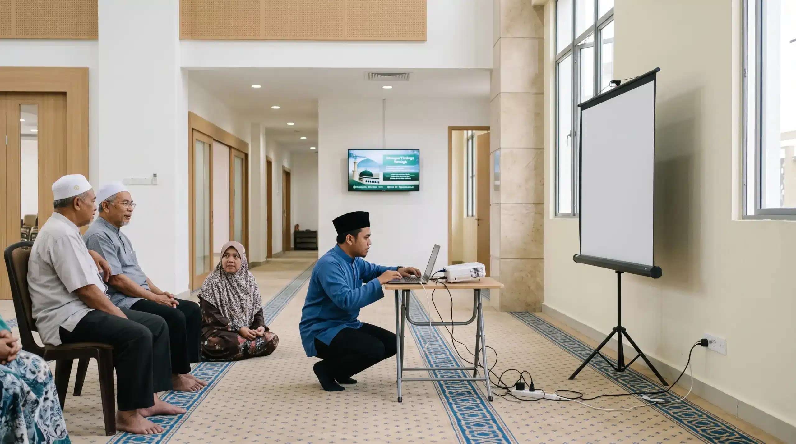 Masjid staff moving a portable display between different programme spaces in a Malaysian masjid