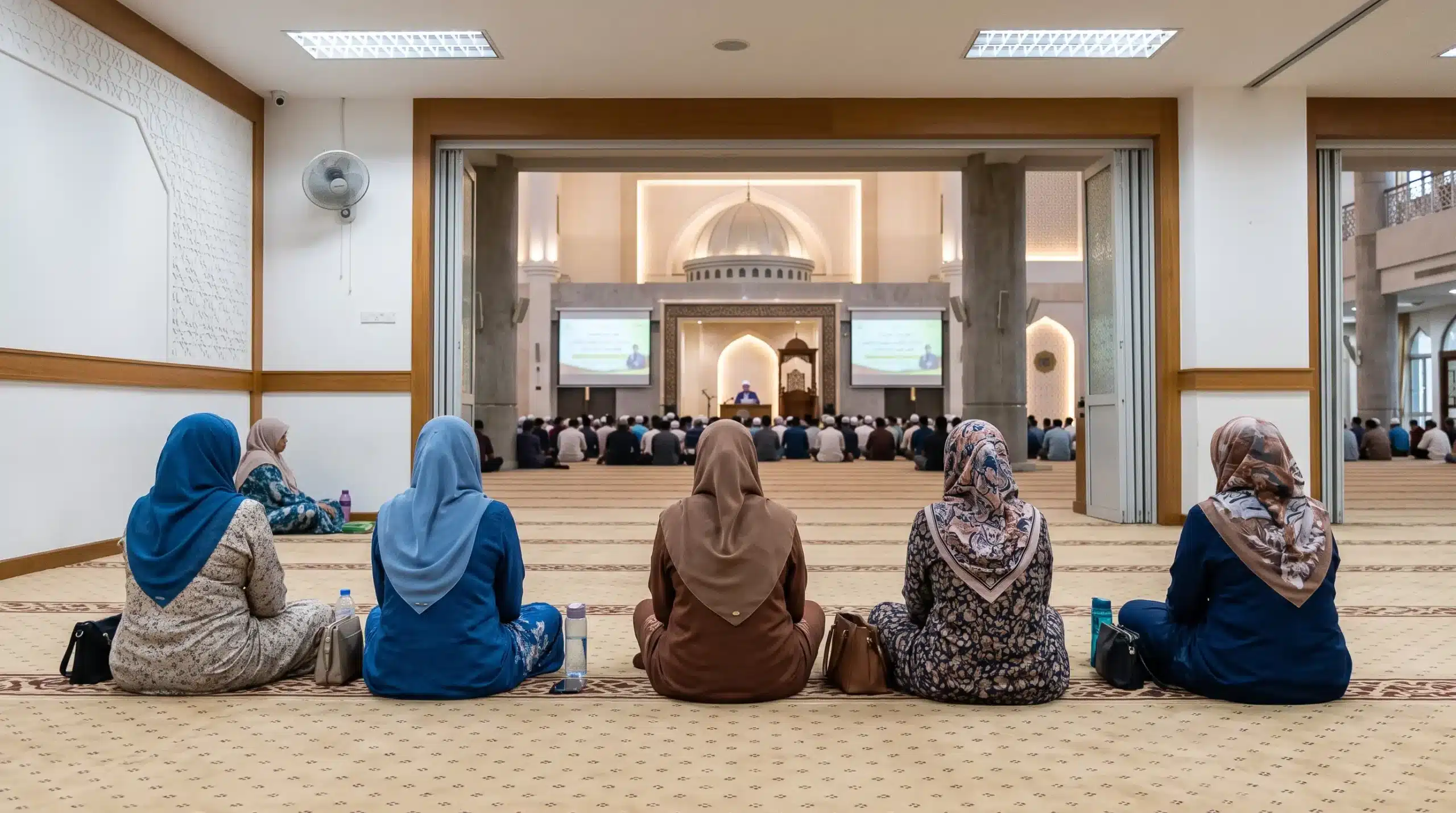 Monitor display extending masjid information to a secondary hall in Malaysia