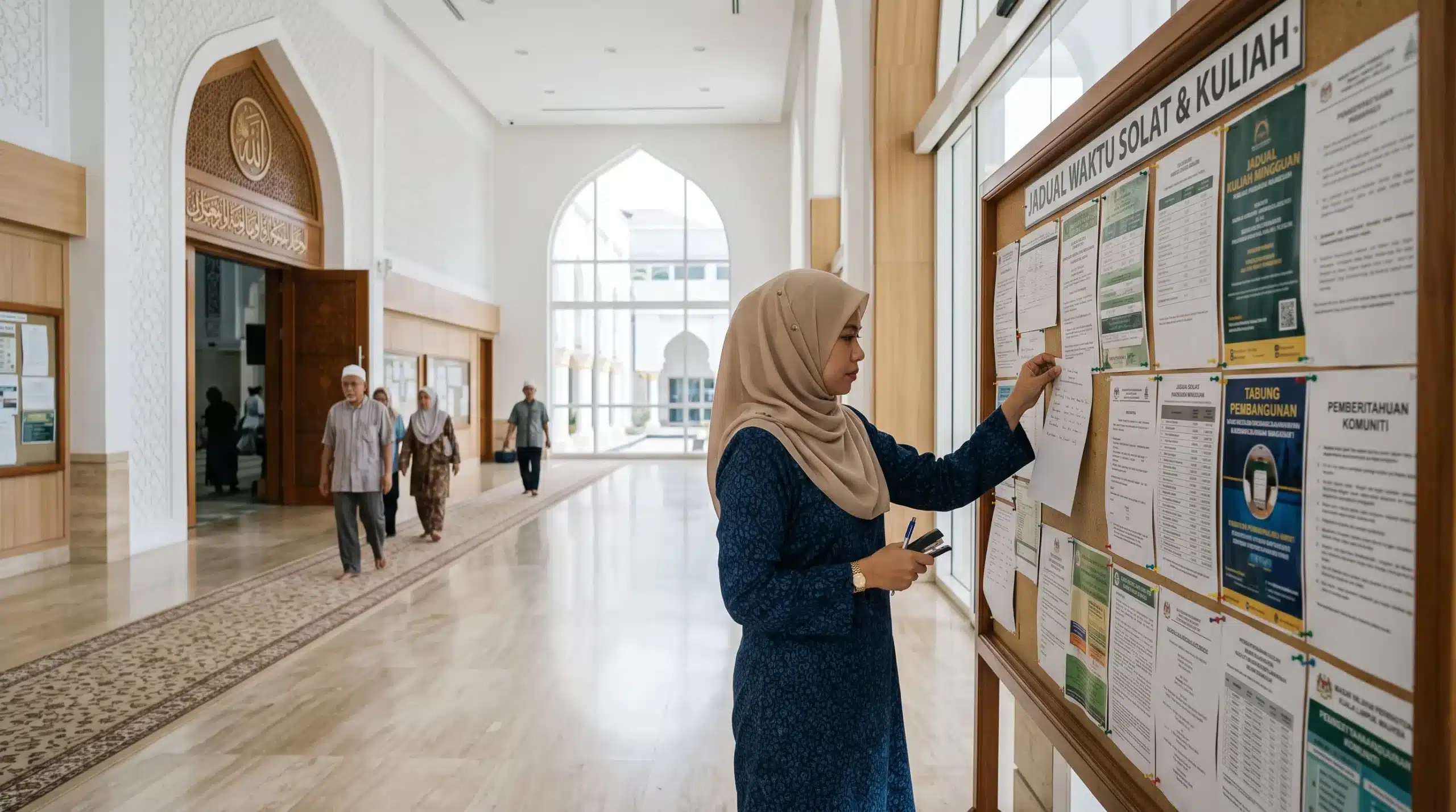 Masjid staff updating prayer times, kuliah schedules and community announcements in a modern Malaysian masjid lobby
