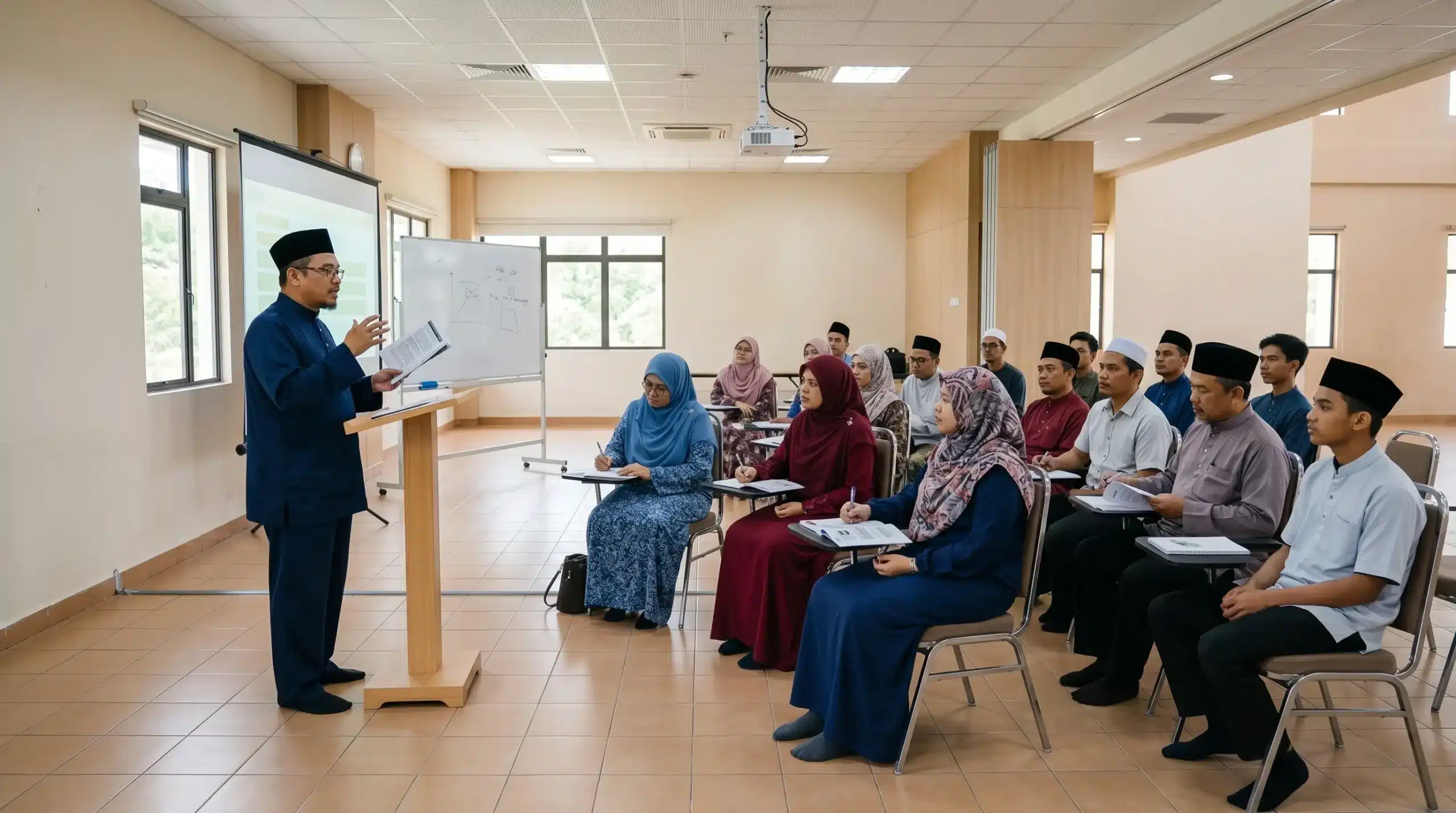 Religious educator conducting a learning session inside a modern masjid classroom in Malaysia