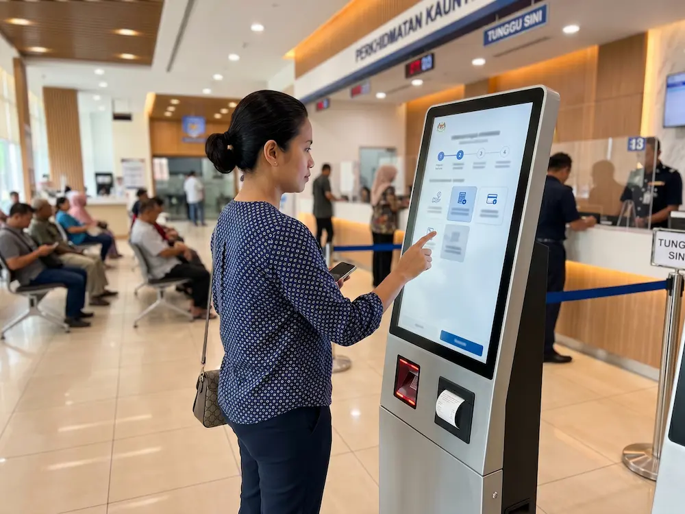 Customer using a self service kiosk in a modern Malaysian service centre